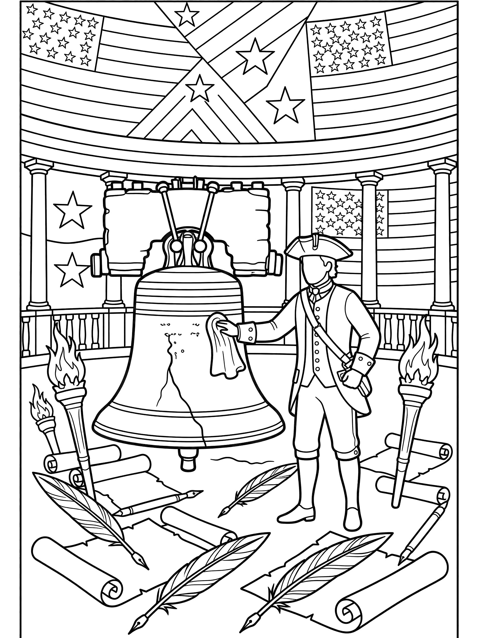Black and white line art of Liberty Bell being polished by a person in colonial clothes during 4th of July reenactment, with torches, scrolls, quills, and American flag background.