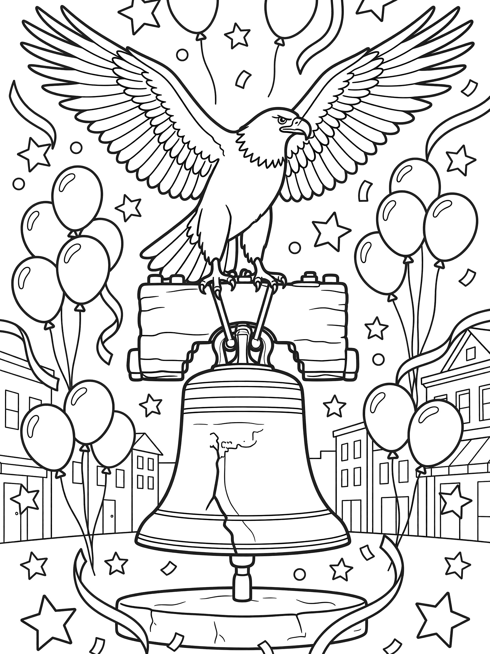 Black and white coloring page of Liberty Bell topped with eagle in festive 4th of July town square with balloons, confetti, stars, and ribbons.