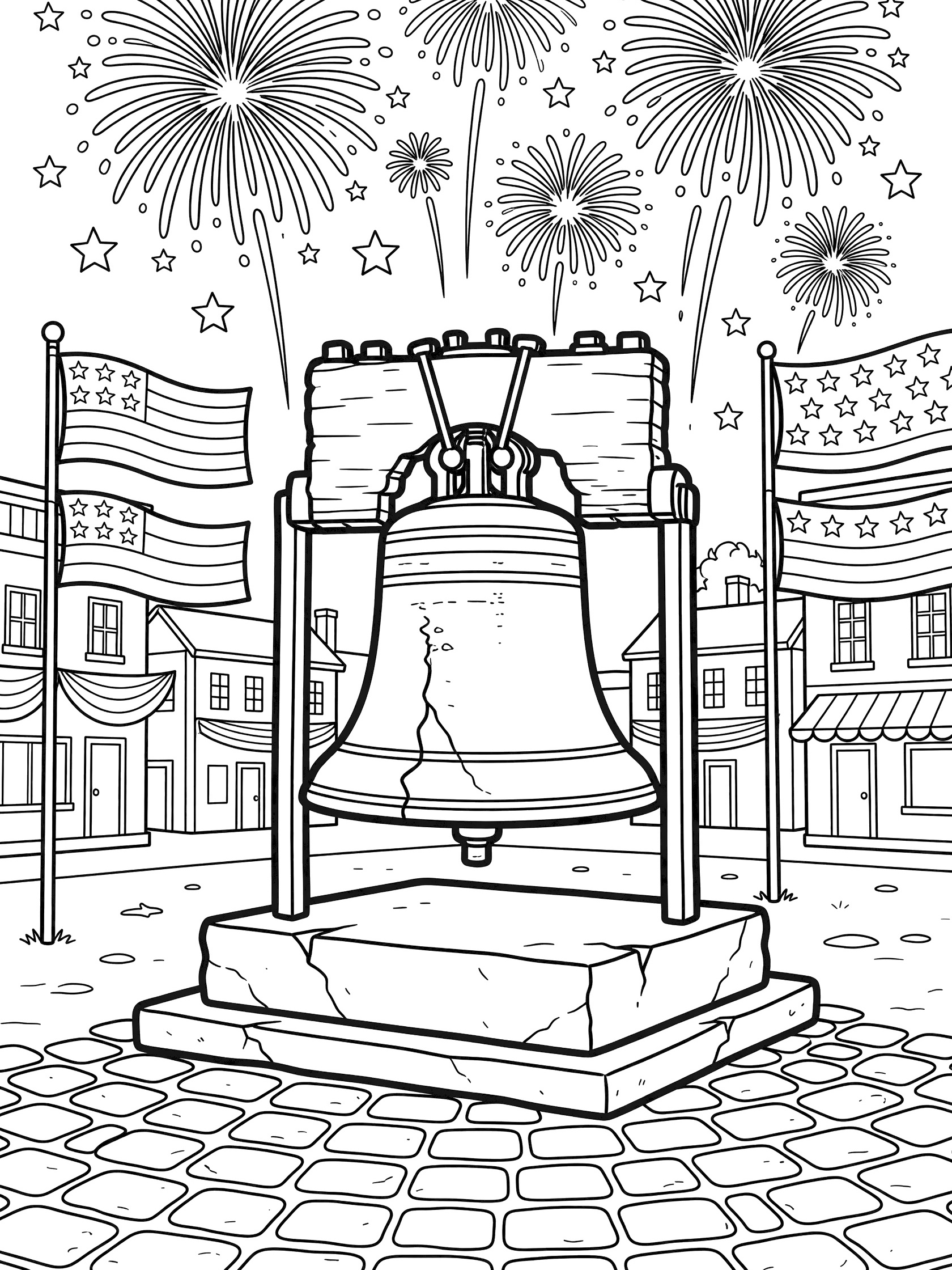 Black-and-white coloring page of the Liberty Bell on a stone pedestal in a town square, surrounded by fireworks bursts, American flags on poles, and nearby buildings for 4th of July.
