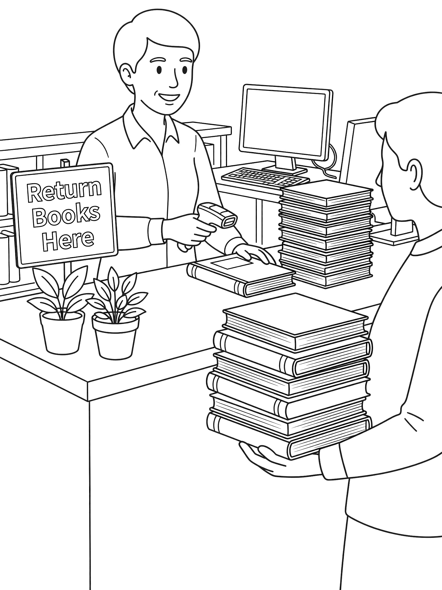 Black and white line art of a librarian at the desk using a scanner on a book for a patron holding novels, with computer, book stacks, return books sign, and plants.