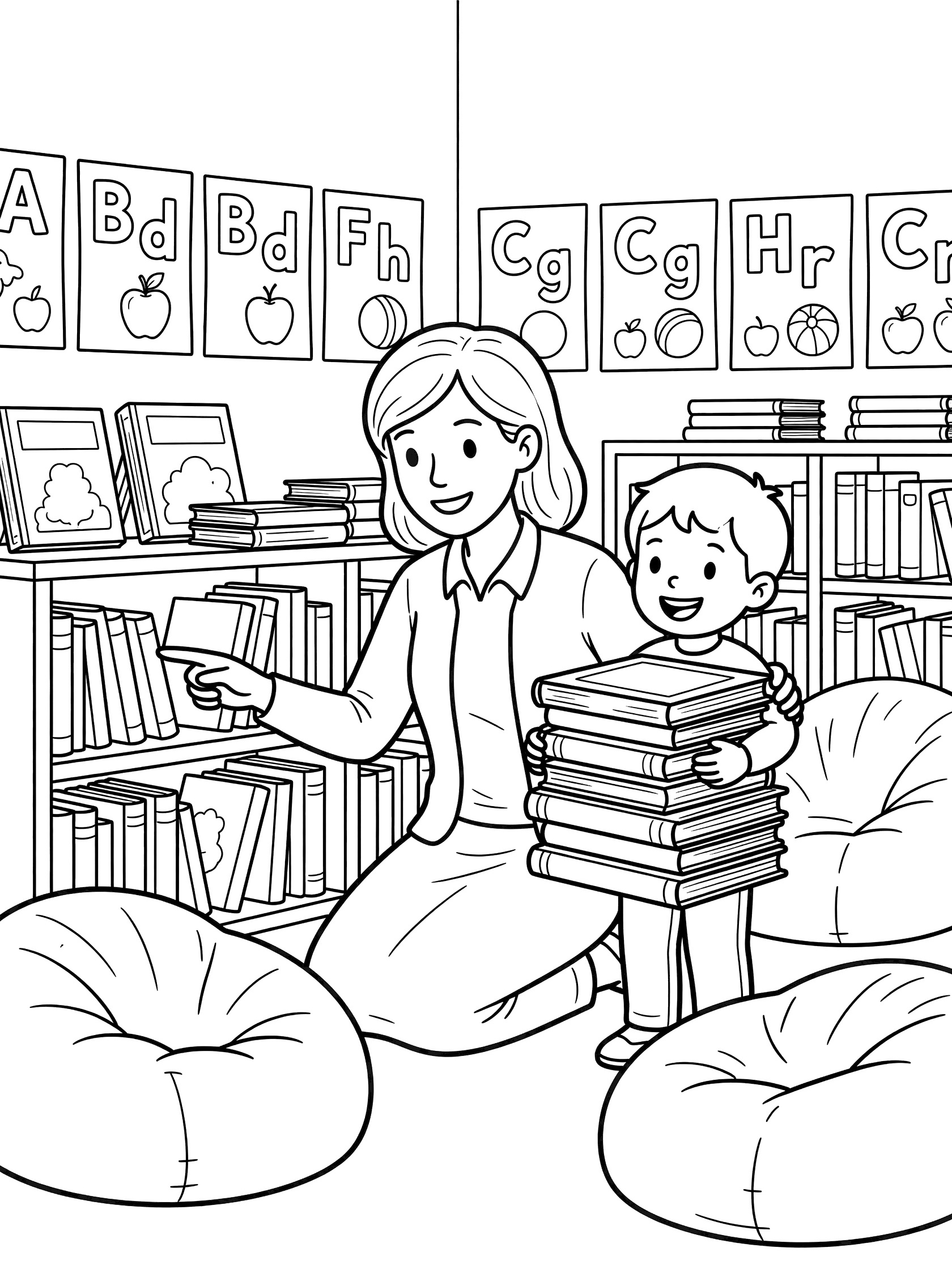 Black and white line art of a librarian helping a young boy find a book in the children's library section with bookshelves, beanbag chairs, and alphabet posters.