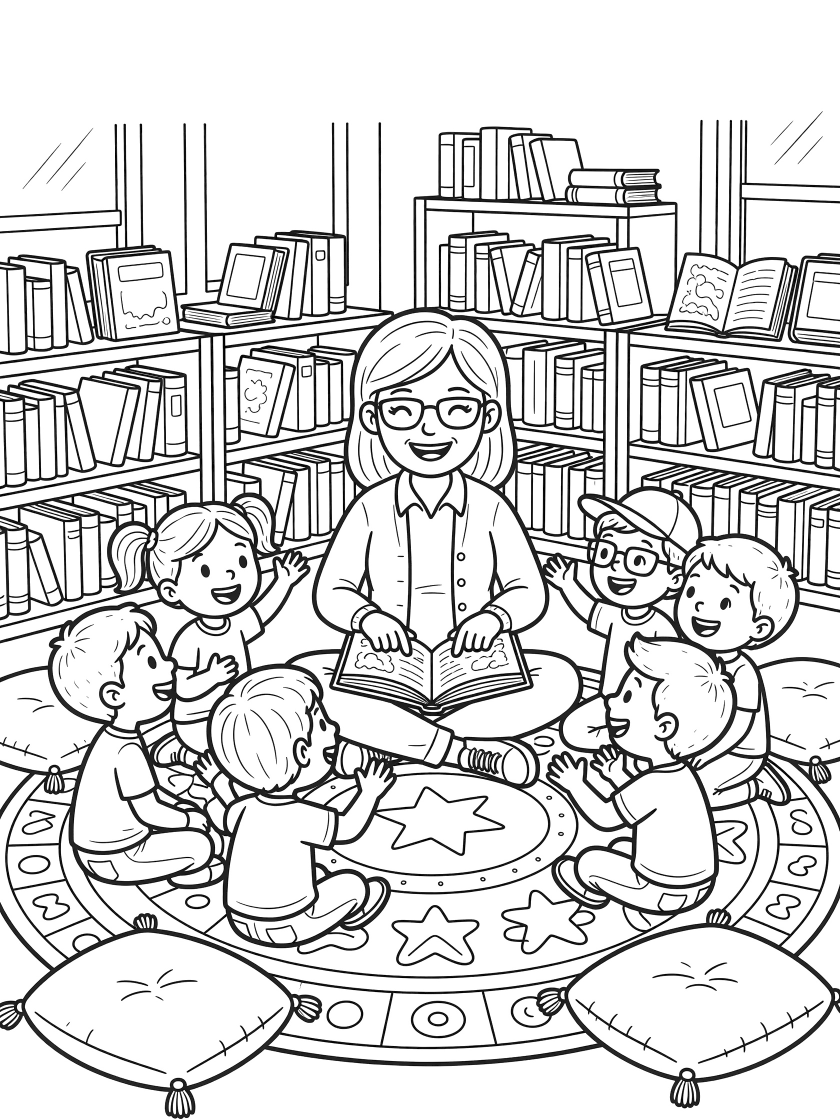 Black and white line art of a librarian sitting cross-legged reading a picture book to a circle of smiling children on a star-patterned rug surrounded by cushions and bookshelves.