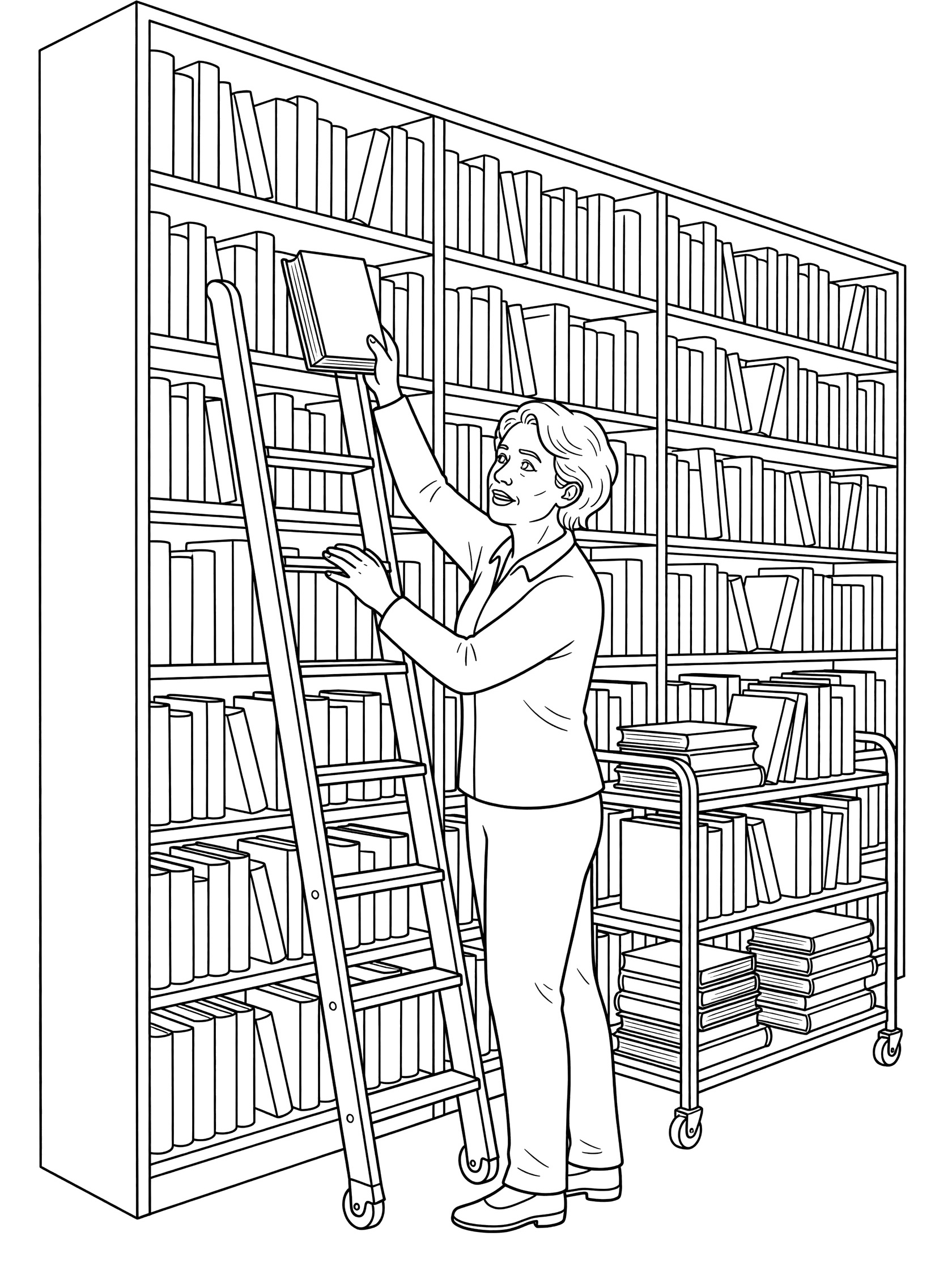 Black and white line art of a librarian standing on tiptoes on a rolling ladder to place a book on a tall library bookshelf full of books, with a book cart nearby.