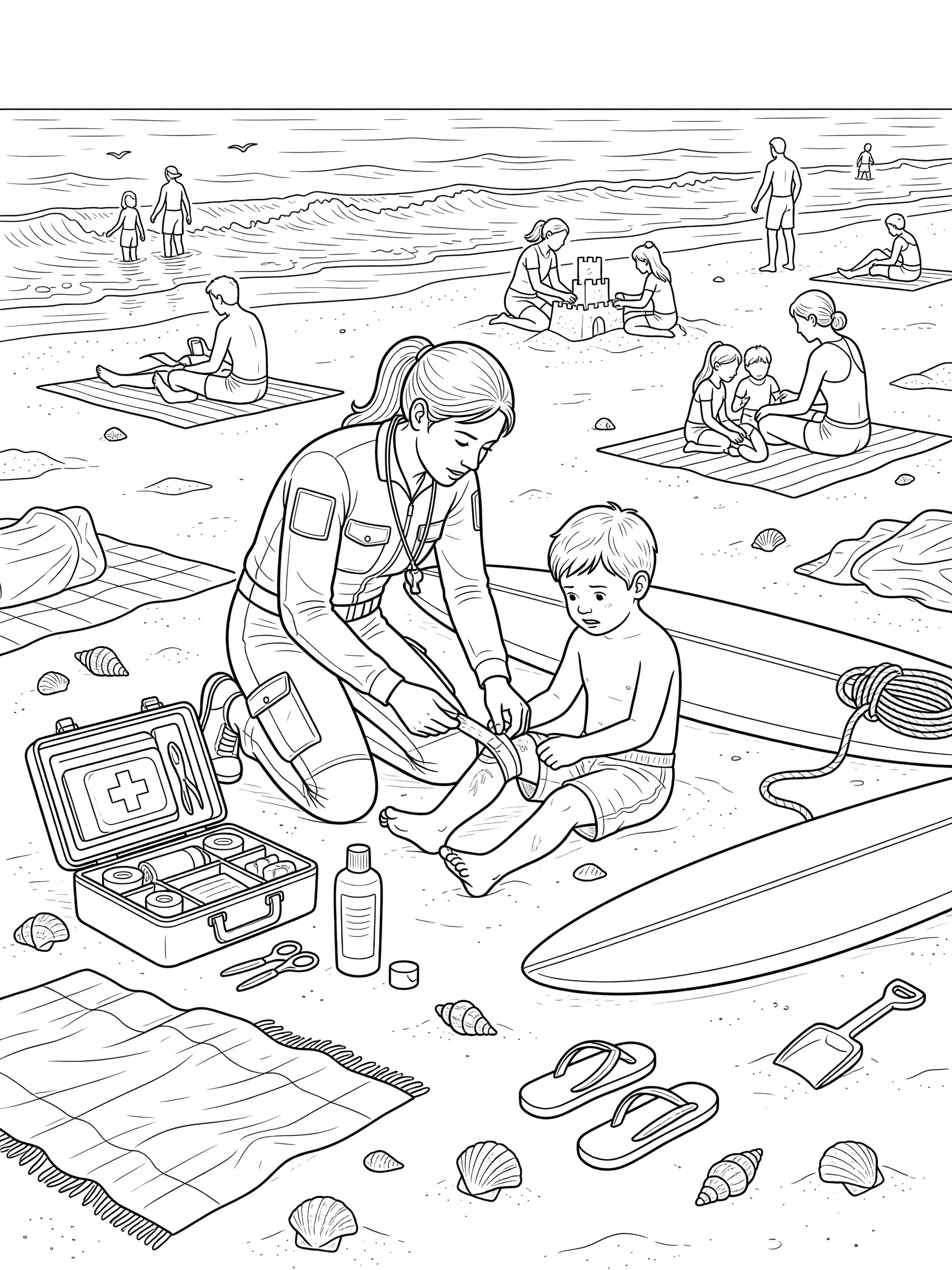 Black and white line art of a lifeguard kneeling to apply a bandage to a young boy's scraped knee on a crowded beach, with open first aid kit, sunscreen bottle, rescue board, towels, flip flops and seashells nearby.