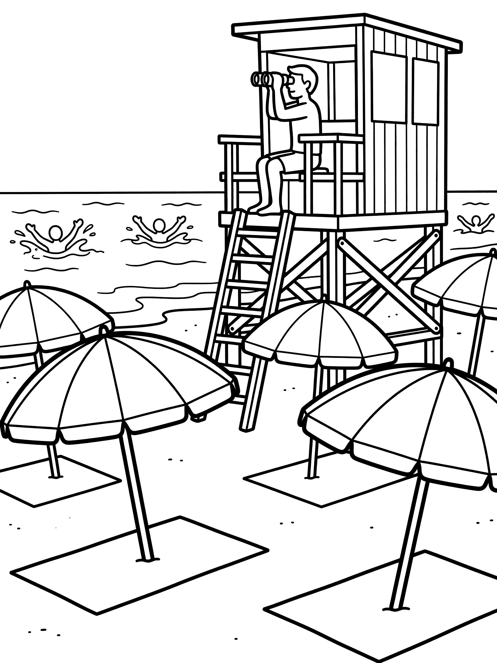 Black and white line art of a lifeguard in a wooden tower on the beach, holding binoculars and scanning the ocean with swimmers splashing below, surrounded by umbrellas.