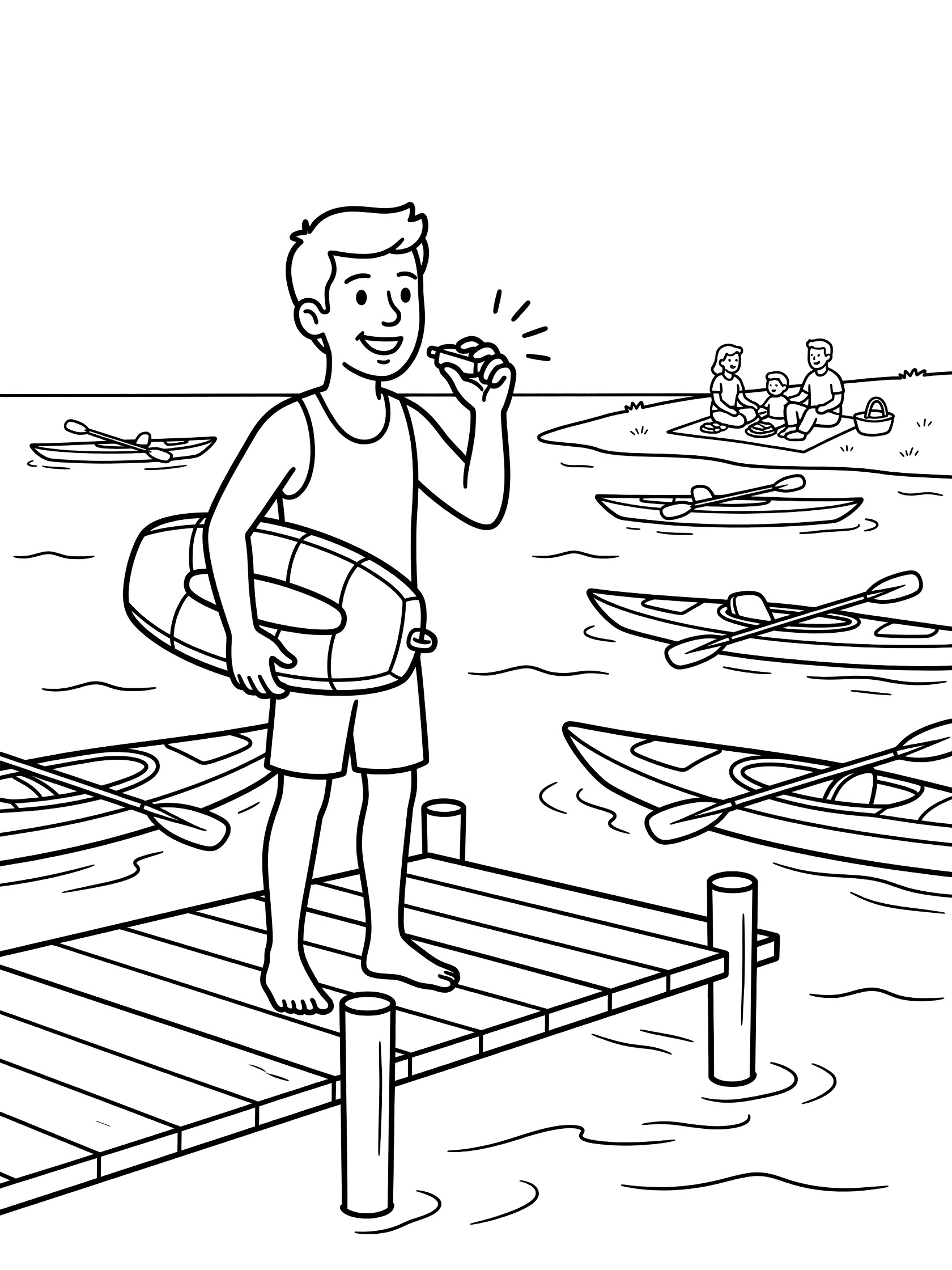 Black and white coloring page of a smiling lifeguard in swimsuit and shorts standing on a wooden dock at the lake, blowing a whistle with one hand raised, holding a round flotation buoy, surrounded by kayaks in the water.
