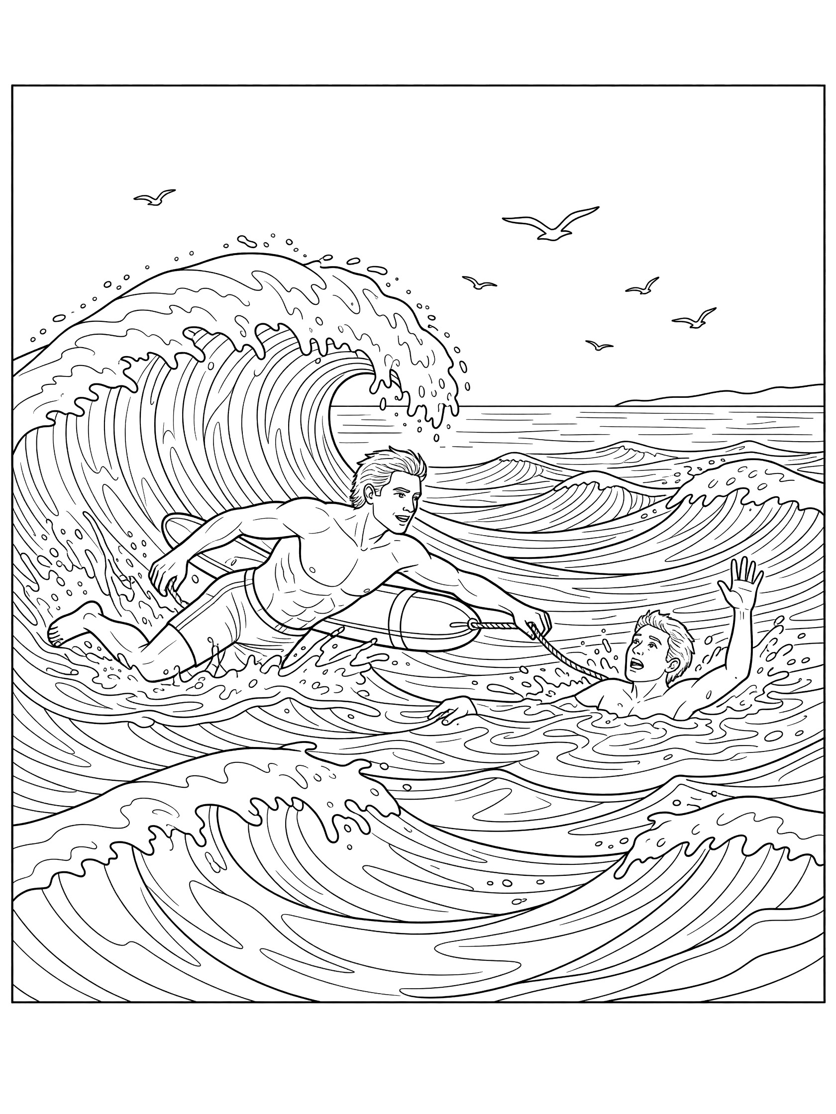 Black-and-white line art of a lifeguard extending a rescue buoy to a swimmer in ocean waves, seabirds flying overhead, distant shoreline.