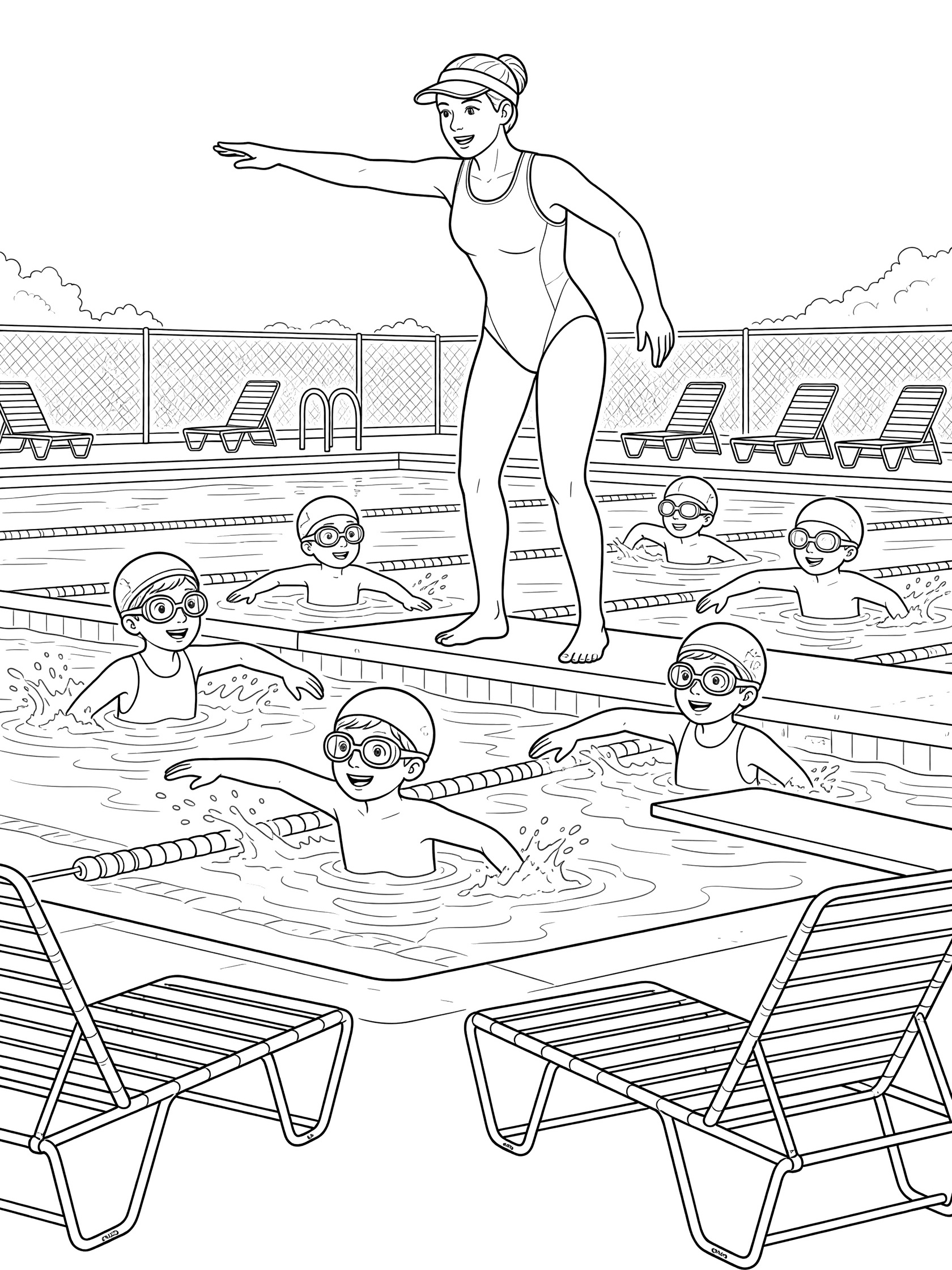 Black and white coloring page showing a lifeguard on the pool edge pointing and teaching arm strokes to children wearing swim caps and goggles in the water.