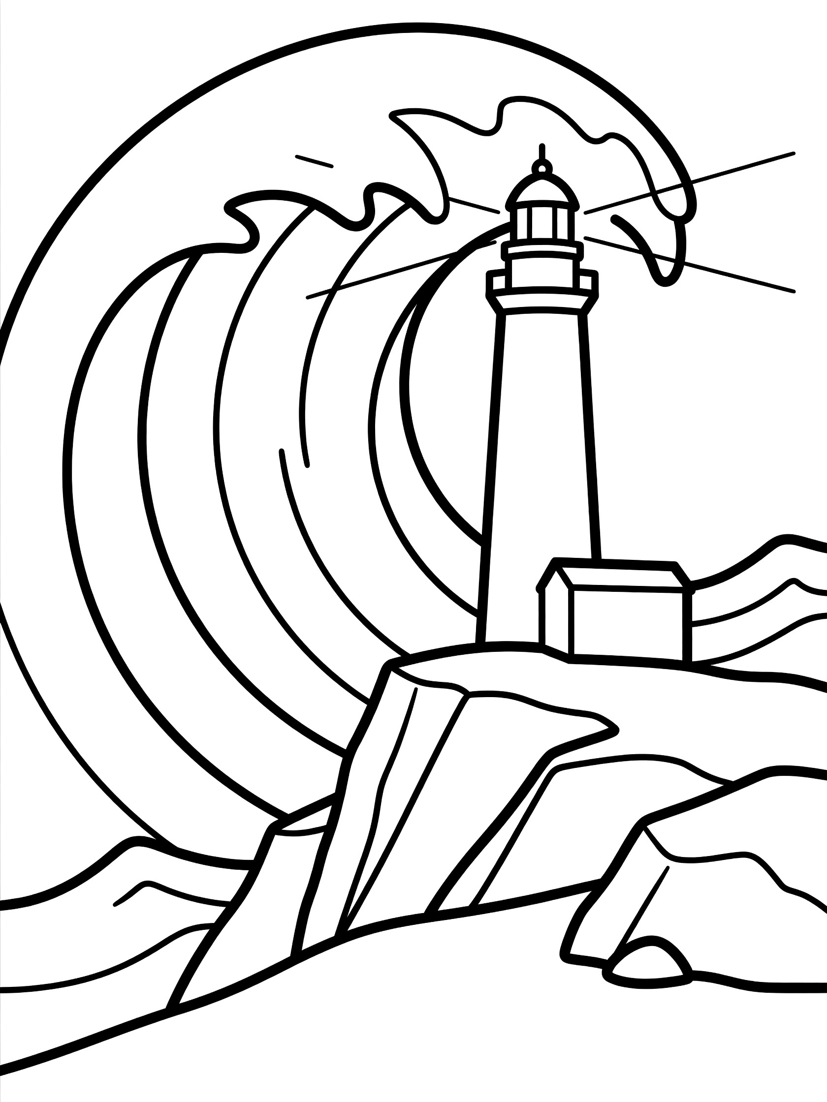 Black and white coloring page of a tall lighthouse on rocks with a huge curling wave rolling toward it. Tsunami themed black and white printable line art