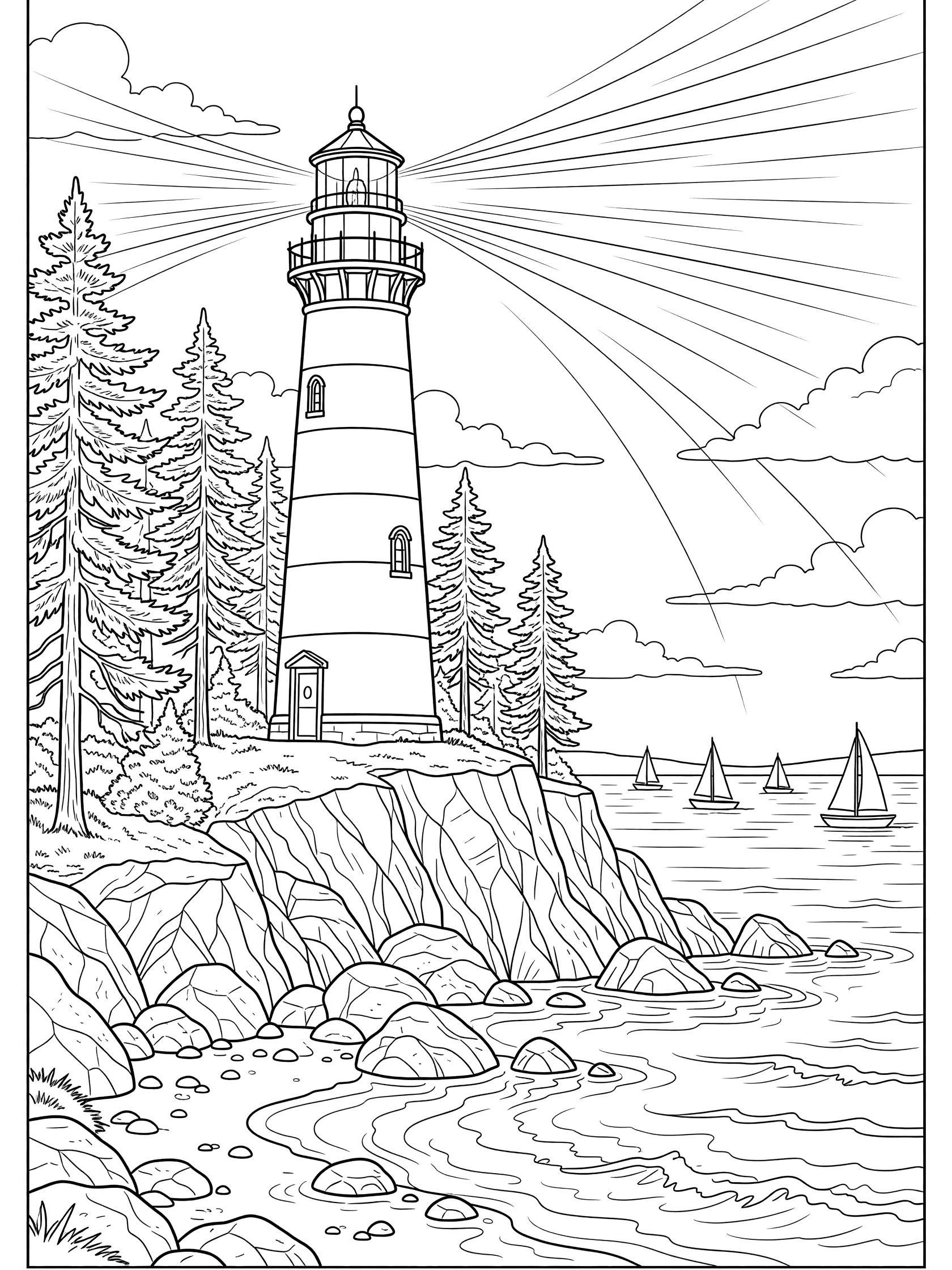 Black-and-white coloring page of a tall striped lighthouse on rocky shore by the Great Lakes with beacon light, pine trees, waves on boulders, and sailboats on the water