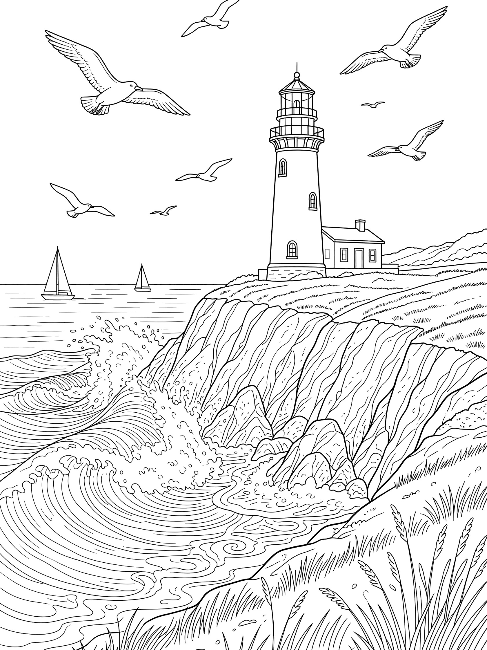 Black and white line art coloring page showing a tall lighthouse on a cliff above crashing waves, seagulls flying overhead, distant sailboats, and grassy edges. California Coast themed black and white printable line art