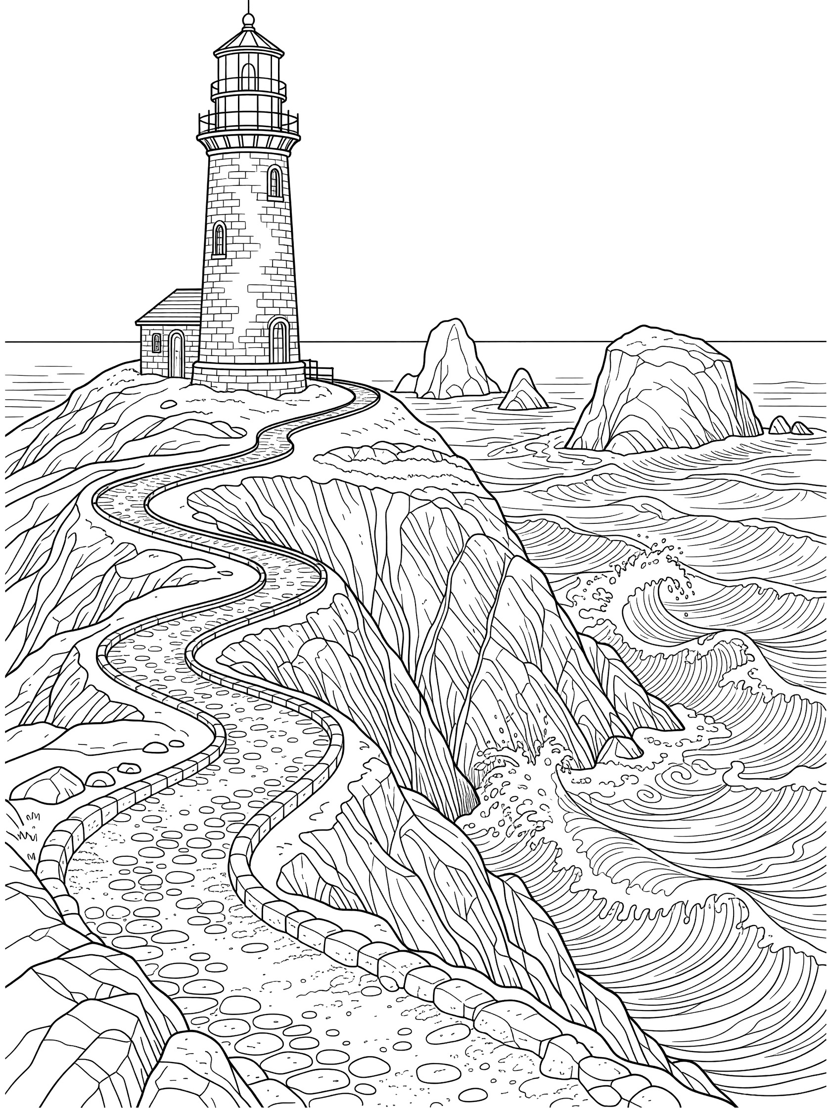 Black and white line art coloring page showing a tall lighthouse on a steep rocky cliff, winding path leading to it, crashing ocean waves below, and distant rocky sea stacks. Oregon Coast themed black and white printable line art