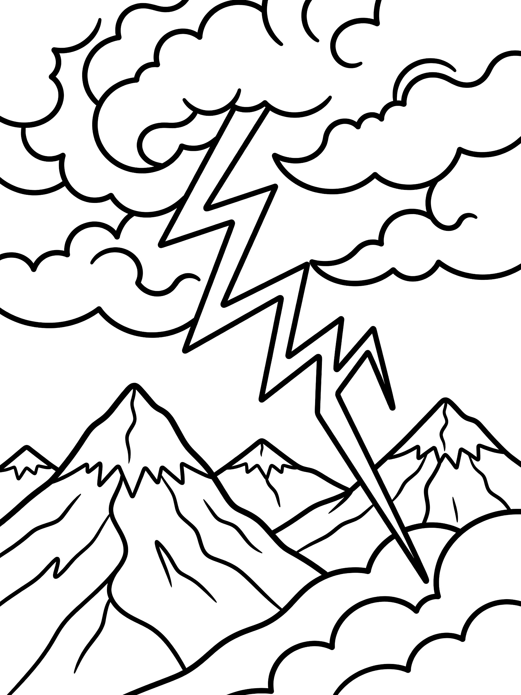 Black and white line art coloring page showing jagged lightning bolt striking across dark swirling clouds above rugged snow-capped mountain peaks.