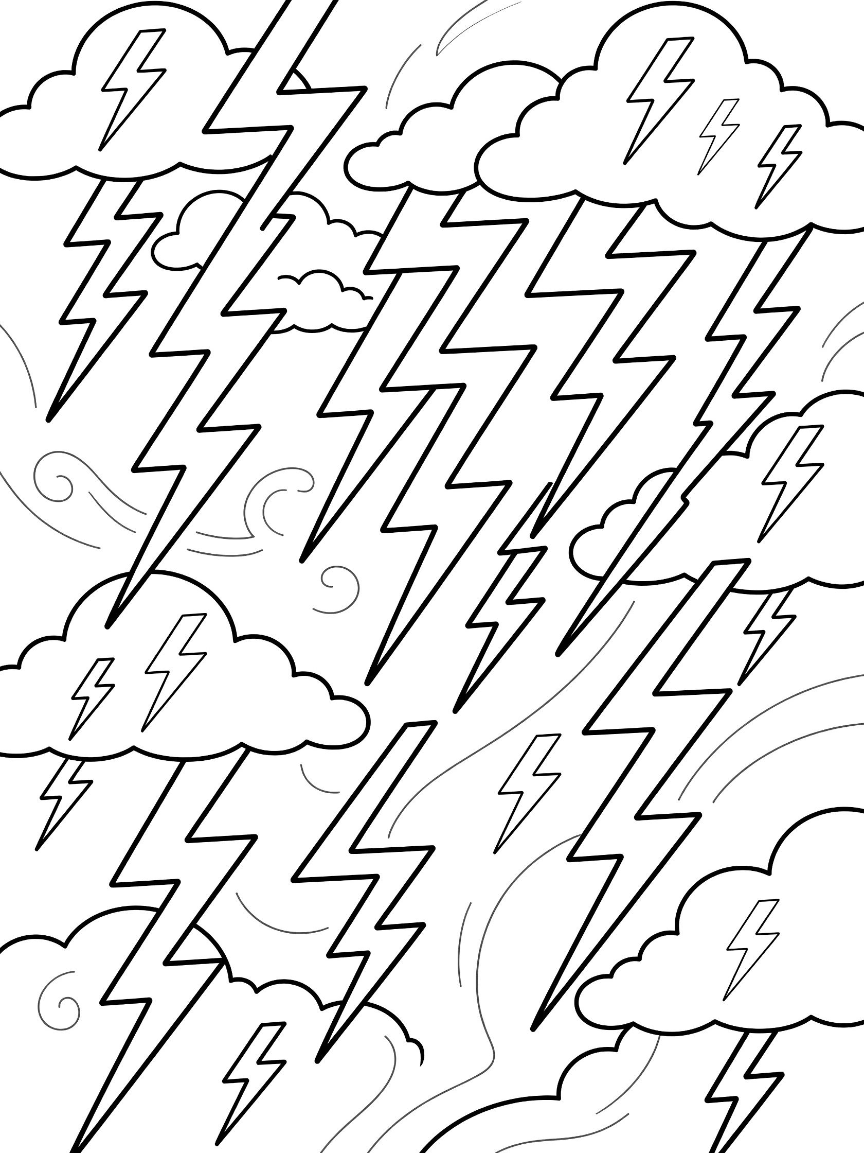 Black and white line art coloring page showing zigzag lightning bolts striking through layered storm clouds with swirls.