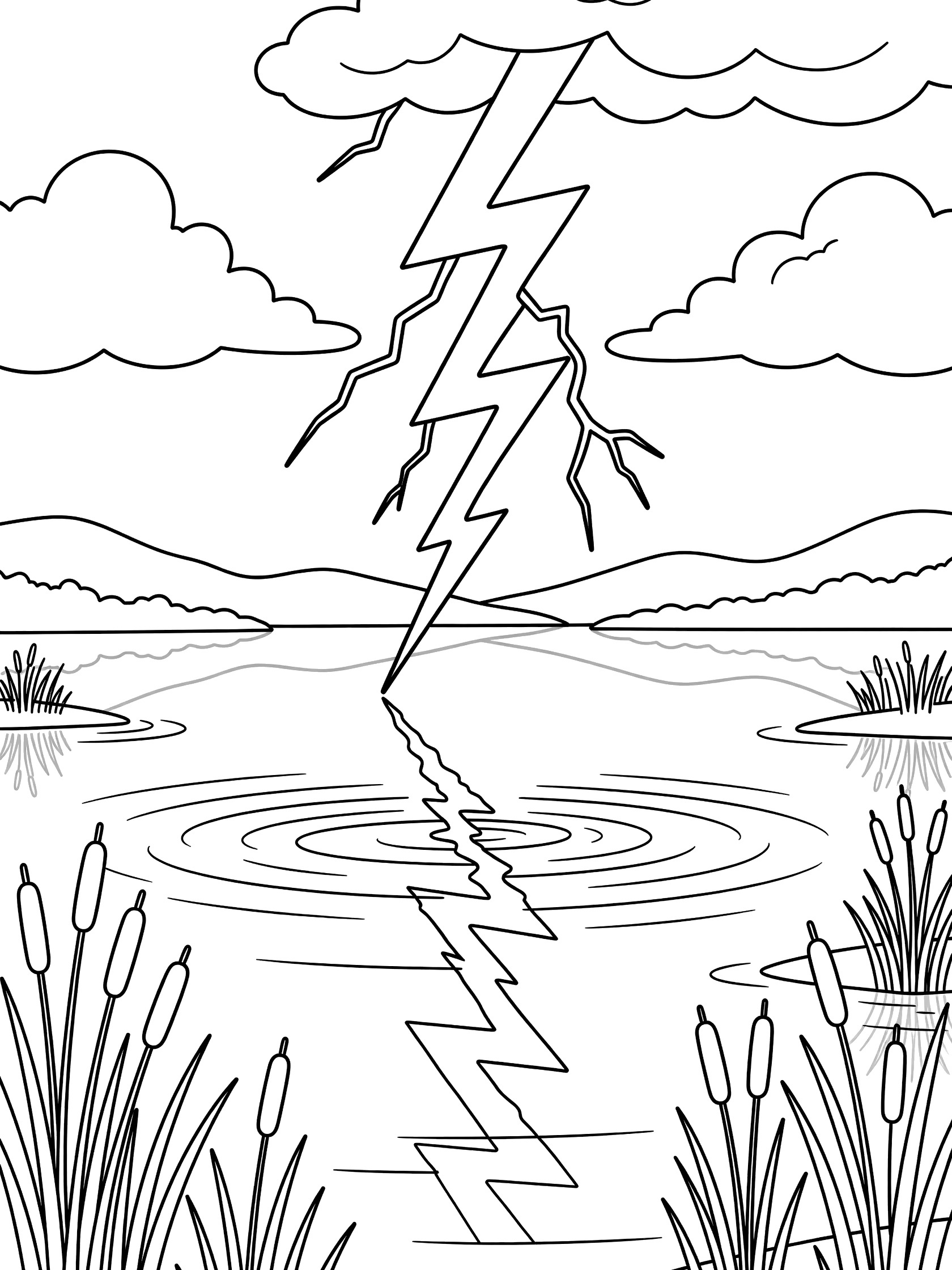 Black and white line art coloring page of a lightning bolt striking over a lake, with water ripples, tall reeds, clouds, and distant hills.