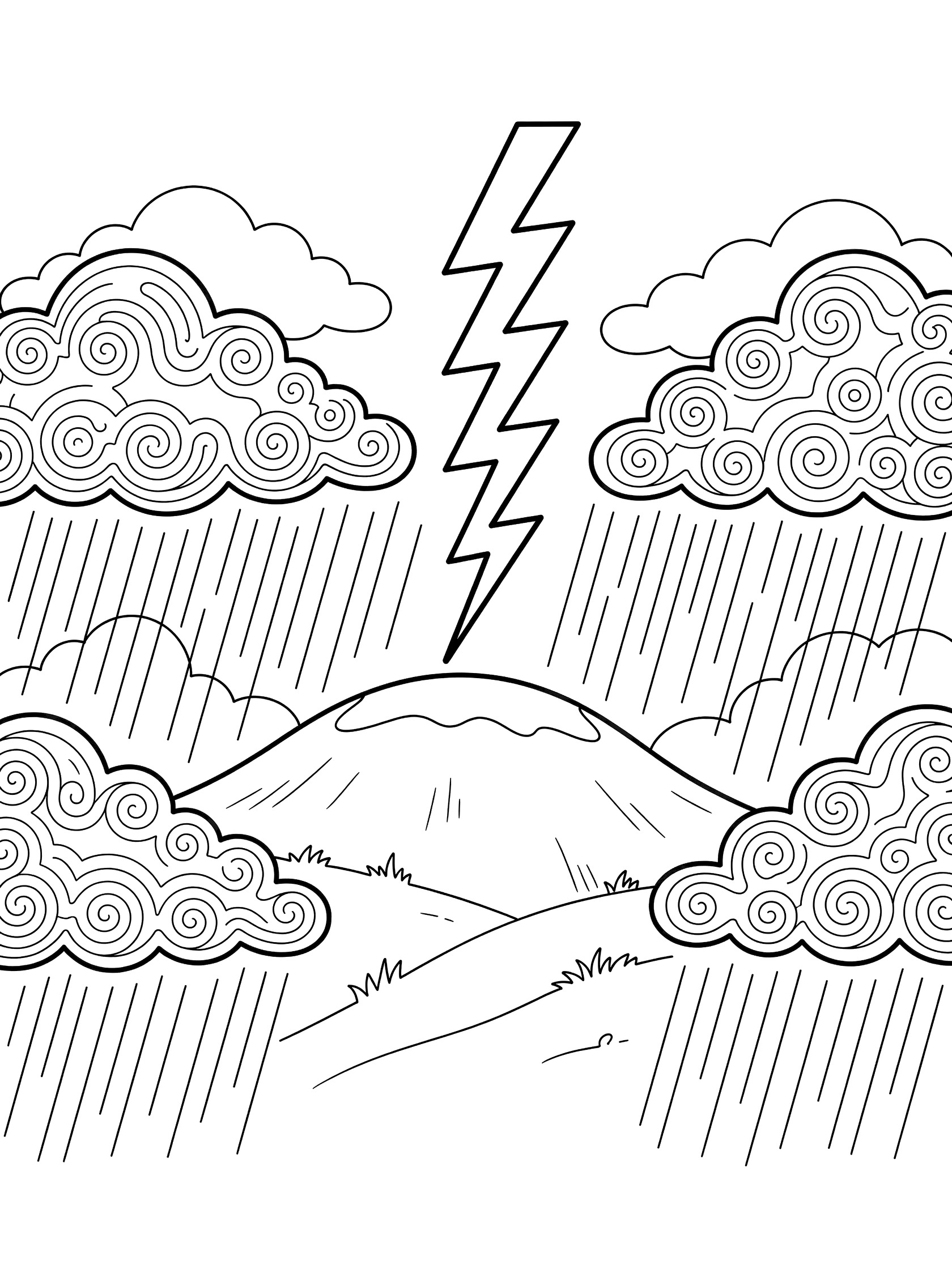 Black and white line art coloring page showing a zigzag lightning bolt hitting the top of a rounded mountain hill, surrounded by patterned thunderclouds, rain lines, and symmetrical cloud puffs. Thunderstorm themed black and white printable line art