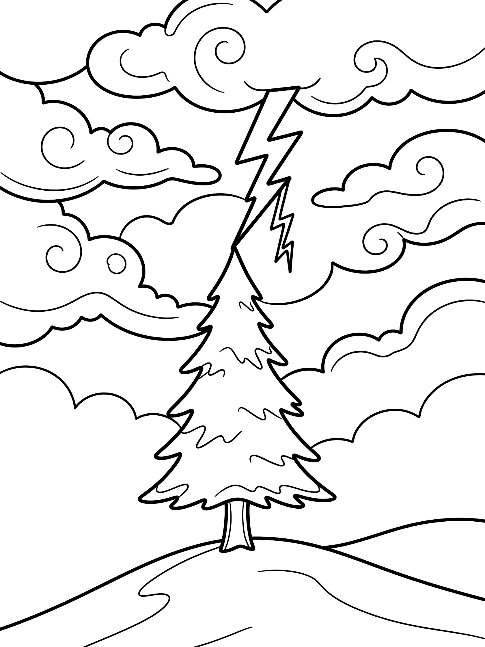 Black and white line art coloring page of a tall pine tree on a hill hit by a lightning bolt with puffy swirling storm clouds in the sky.