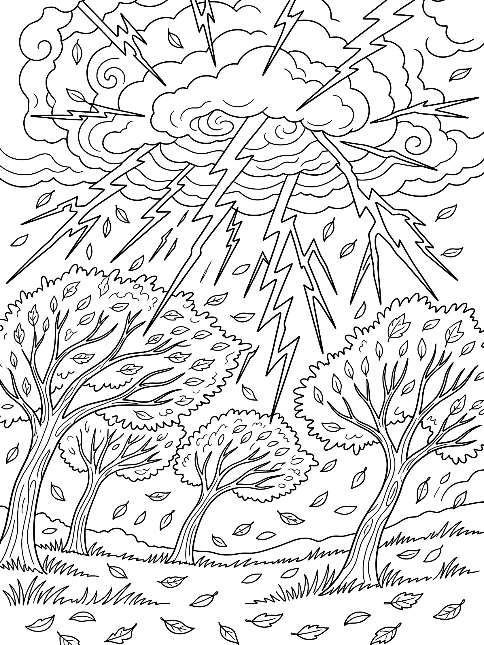 Black and white coloring page of a storm with central swirling clouds, radiating lightning bolts, bent trees swaying in wind, scattered leaves, and ground grass