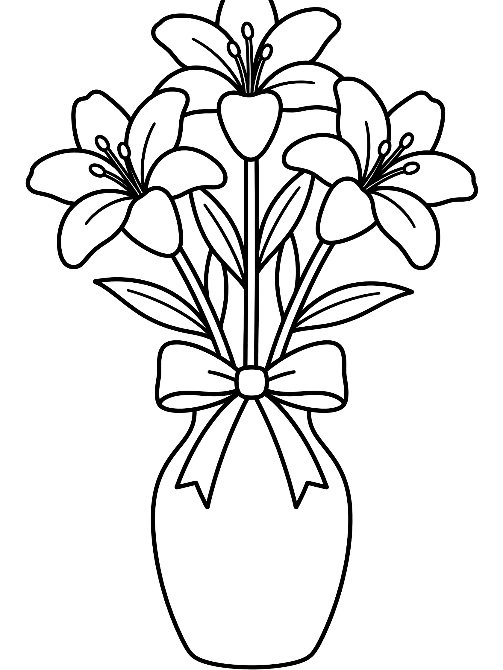 Black and white line drawing of three lilies bouquet tied with bow in a vase, printable coloring page for kids. Easter Lilies themed black and white printable line art
