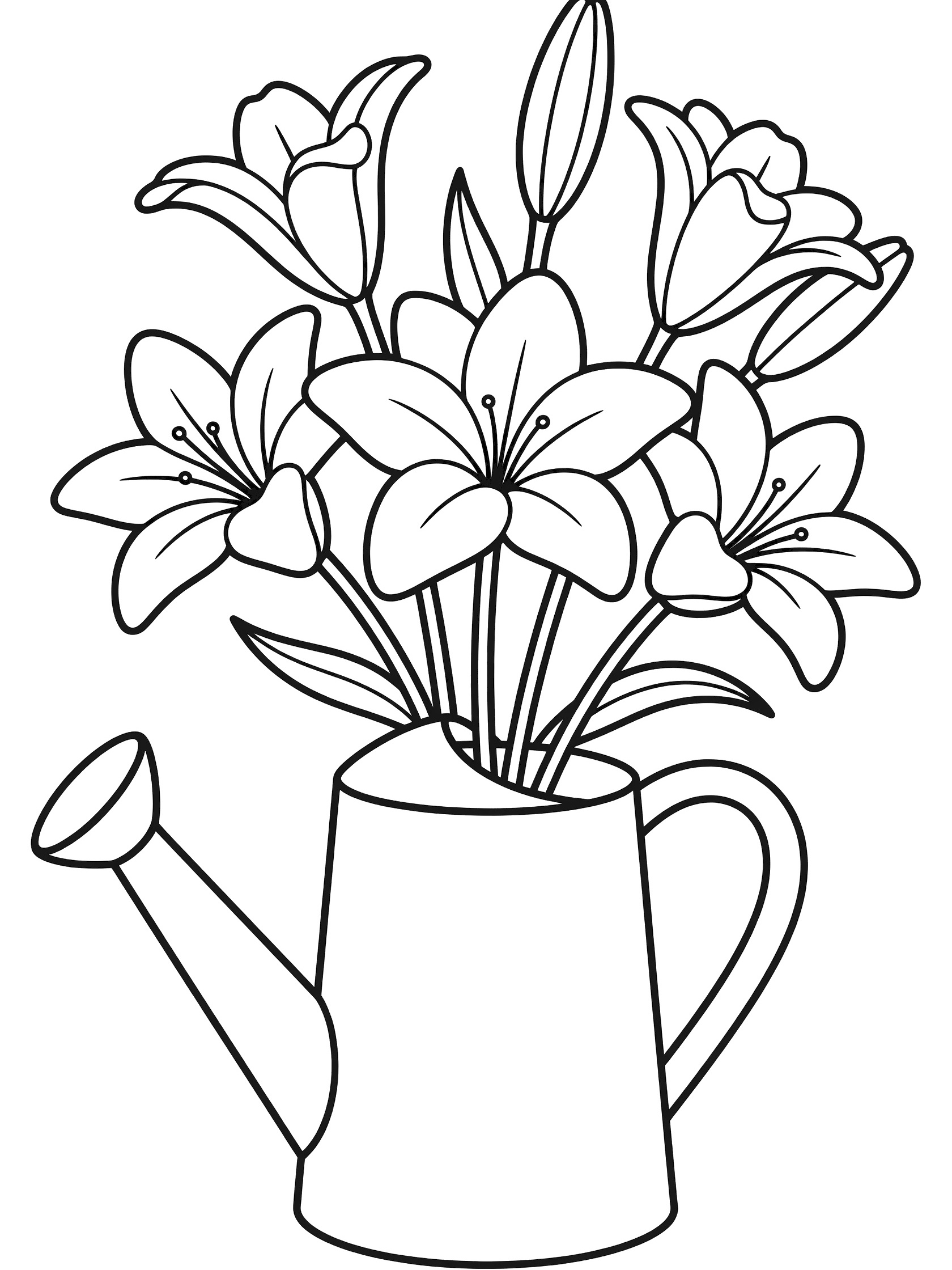 Black and white line drawing of a bouquet of lilies arranged in a watering can, printable coloring page for kids. Bouquets themed black and white printable line art