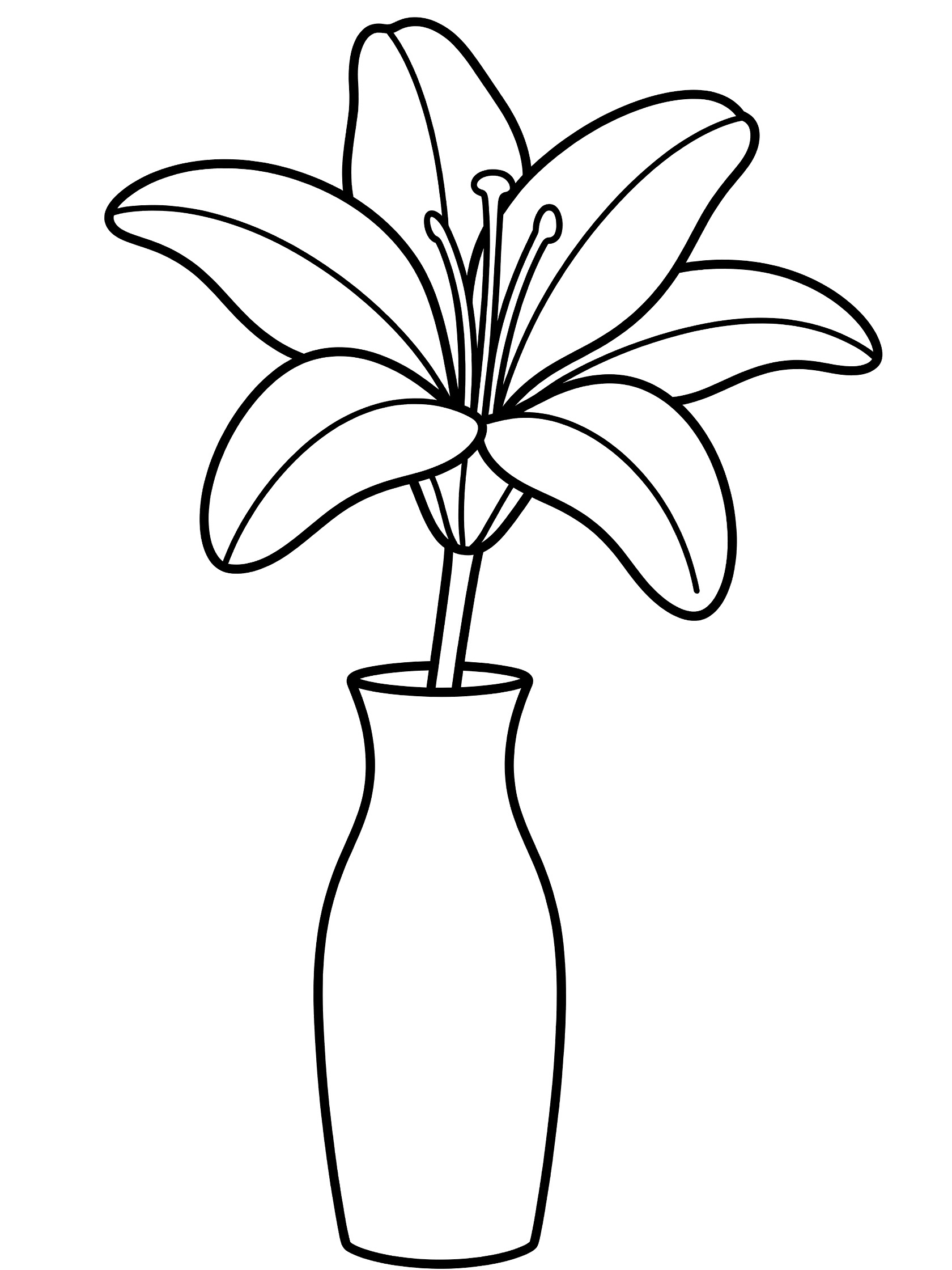 Black and white line drawing of a single lily flower with flared petals on a leaning stem inside a tall narrow-neck vase.