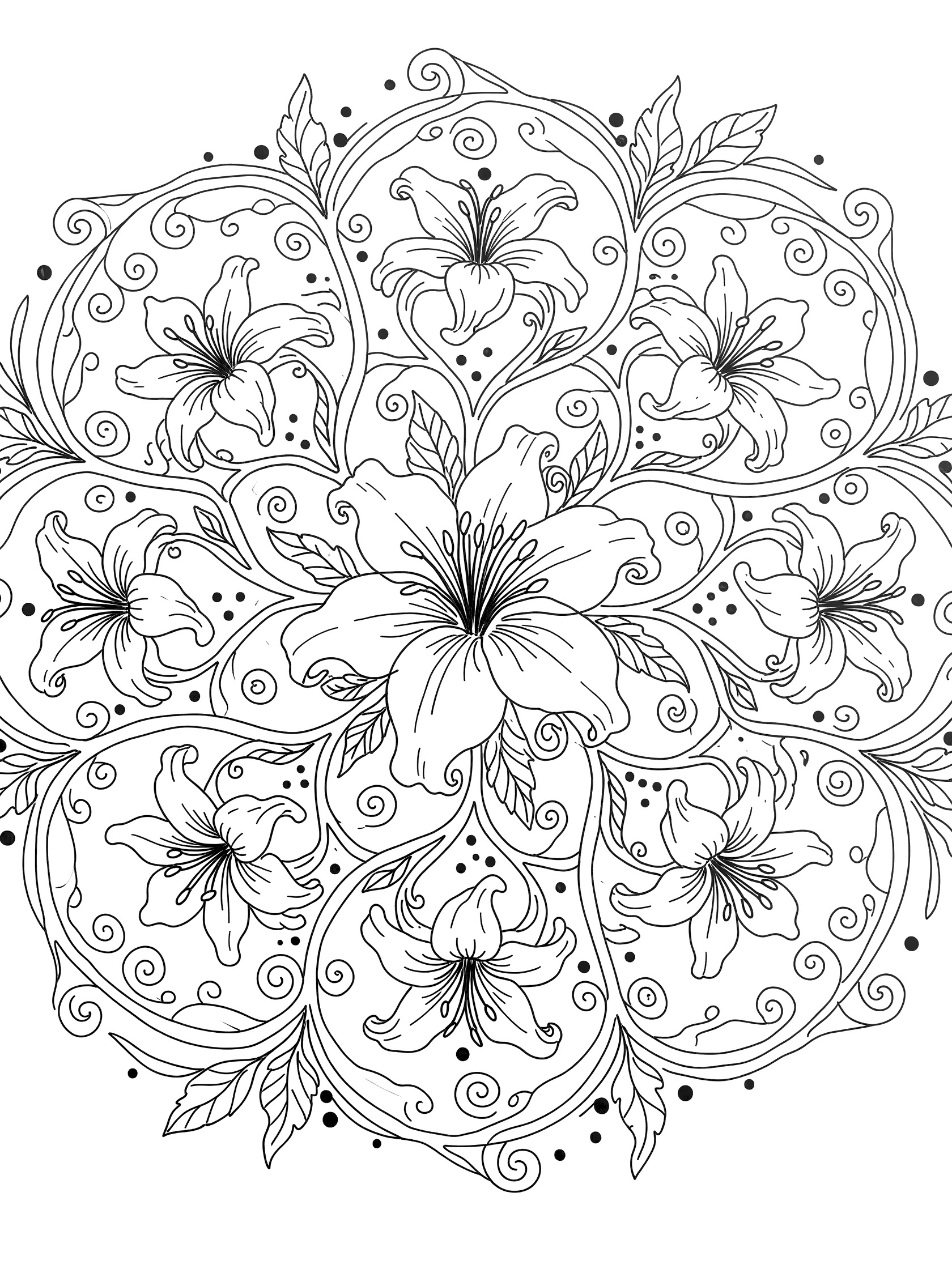 Black and white line art of a Lily Mandala featuring a large central blooming lily surrounded by smaller lilies, curly vines, leaves, dots, and swirling tendrils in a symmetrical pattern.