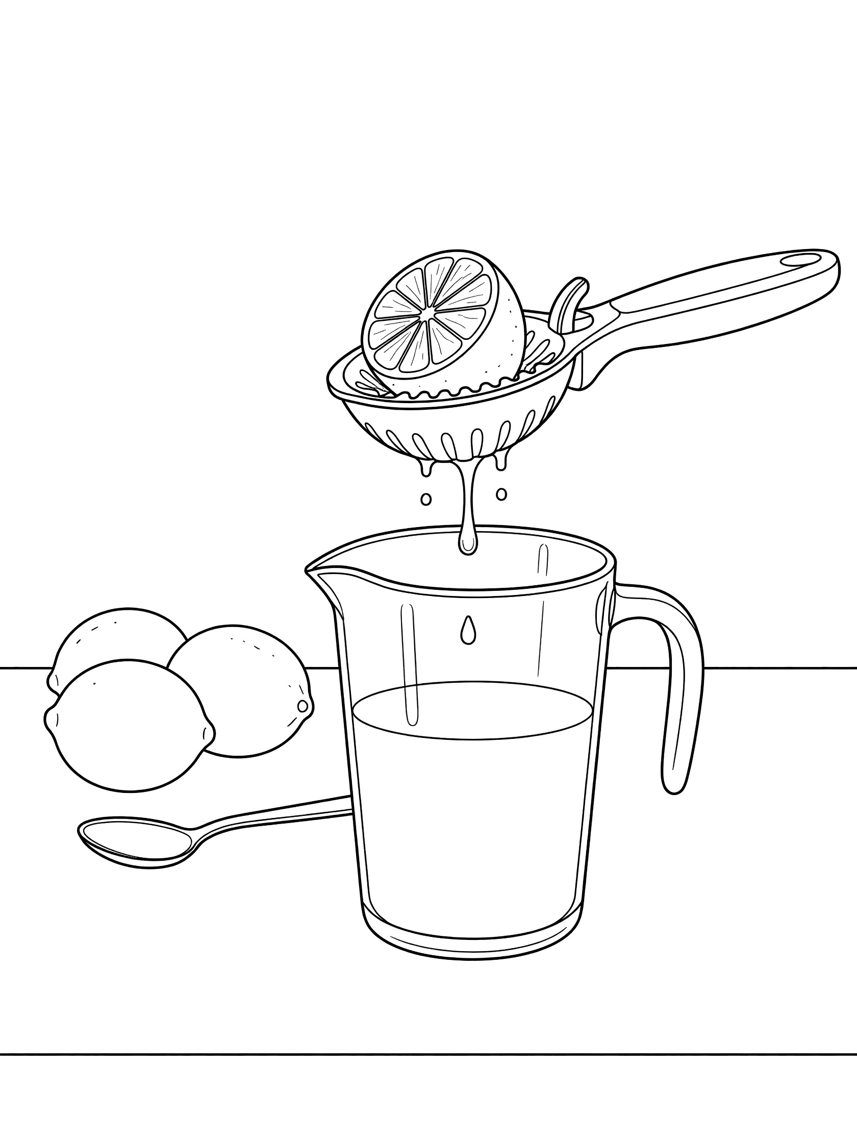 Line art coloring page showing a lime half squeezed in a citrus juicer over a glass pitcher with juice drops, whole limes and spoon on table