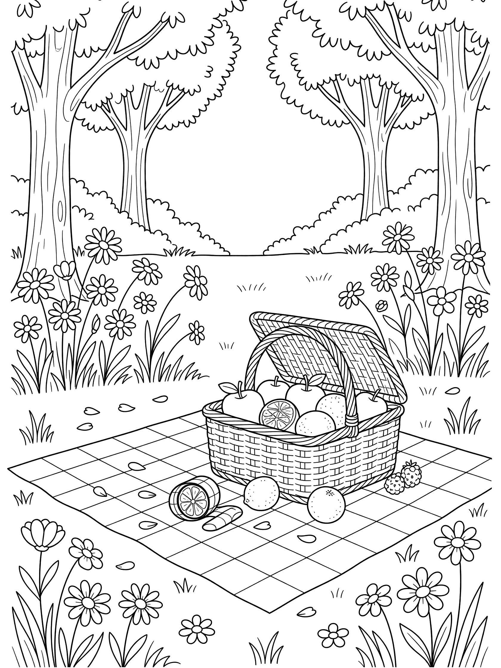 Printable coloring page showing a lime rolling playfully from a picnic basket spilling apples and an orange slice onto a checkered picnic blanket surrounded by grass, wildflowers and shady trees.