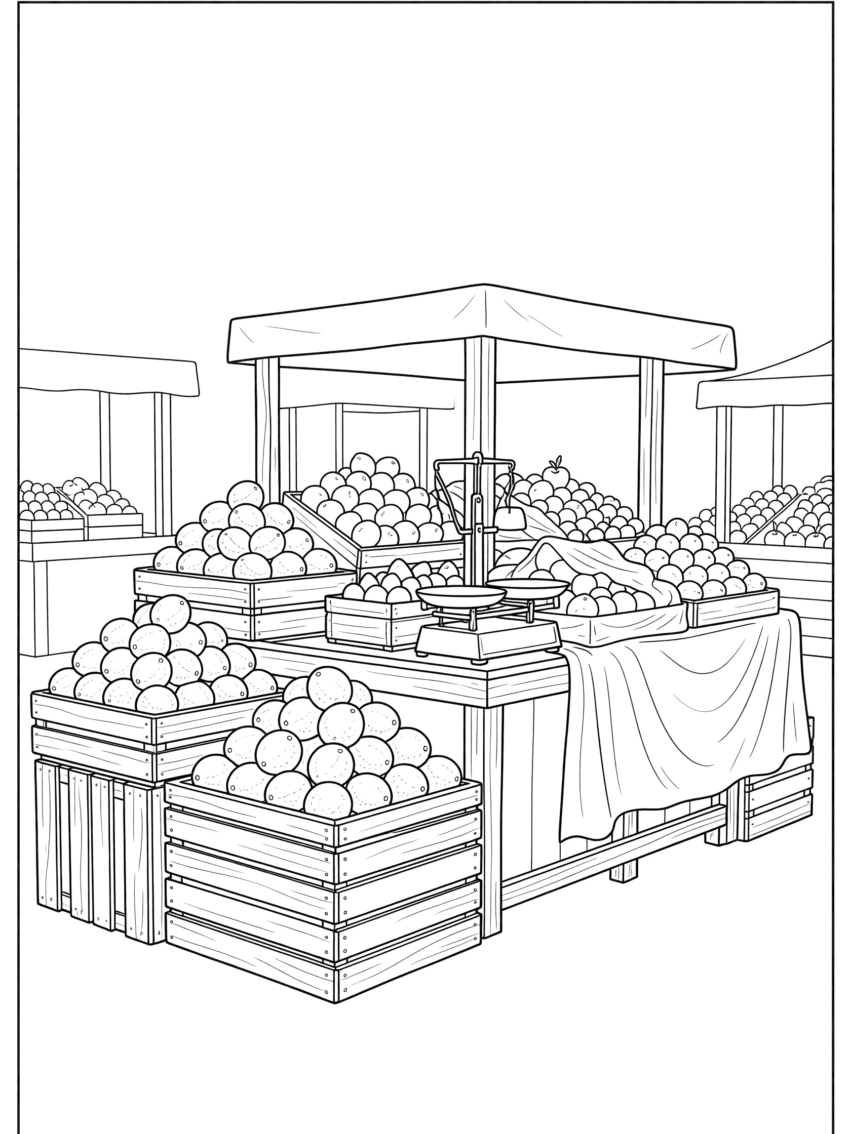 Black and white line art of a farmers market stall with pyramids of limes stacked in wooden crates, scales, draped cloth, and nearby produce stalls.