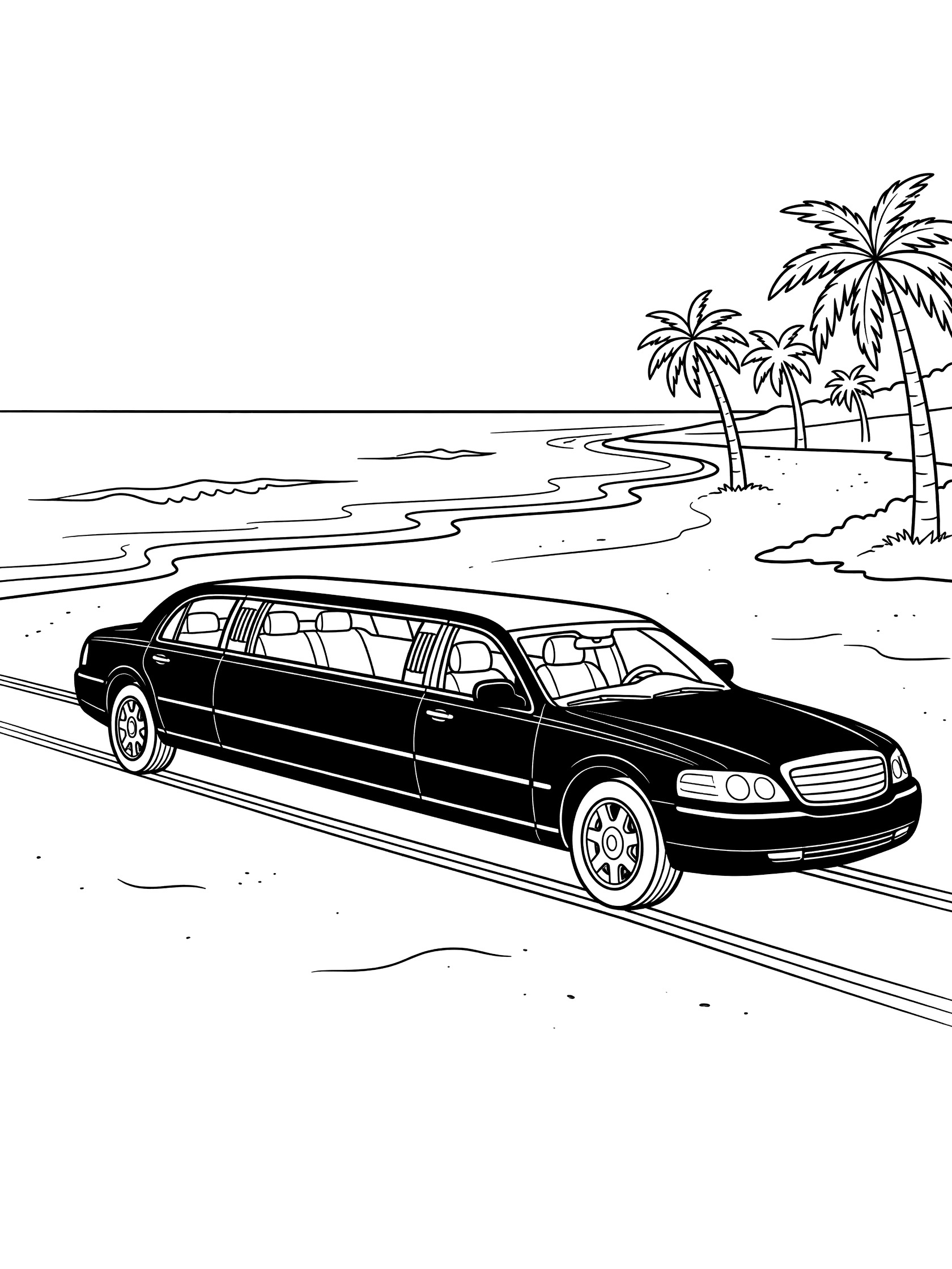 Black and white coloring page of a limousine driving on the beach with palm trees, ocean waves, and sand tracks