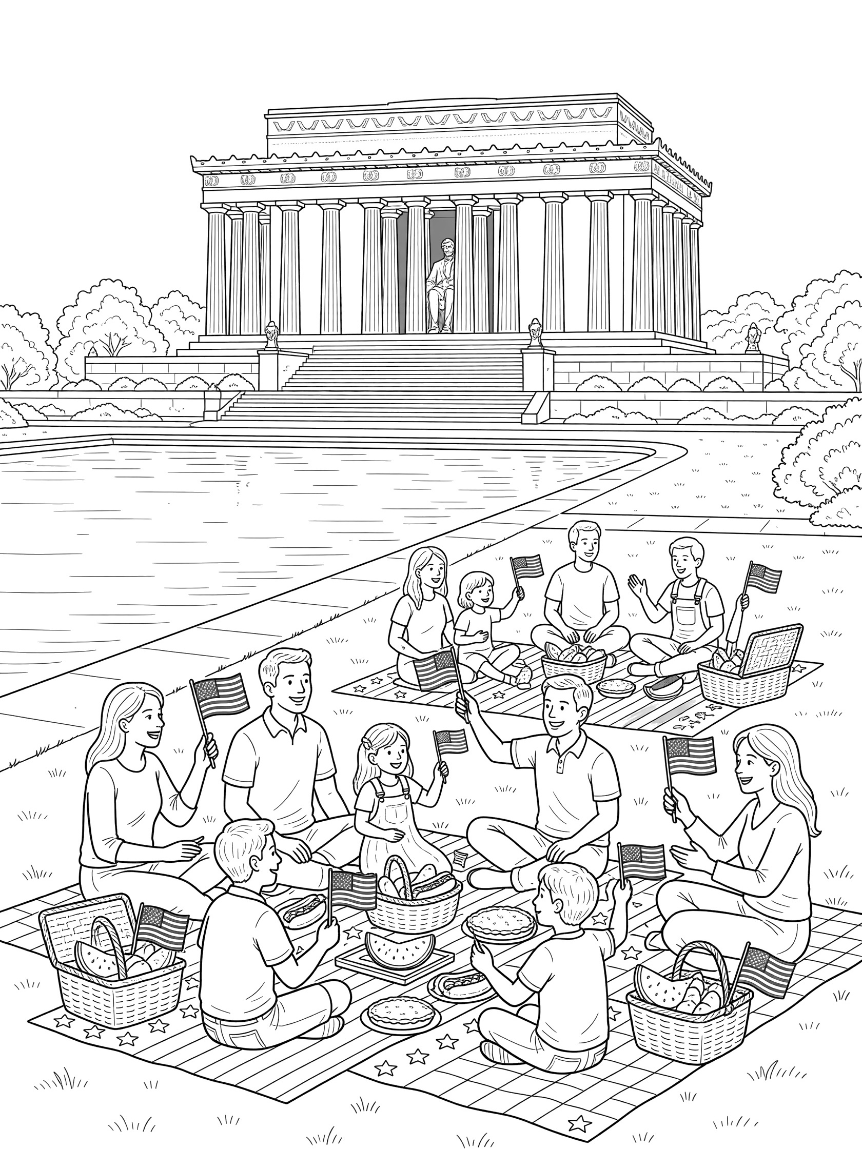 Black and white line art of a family picnic with American flags and baskets near the Lincoln Memorial and reflecting pool for 4th of July coloring.