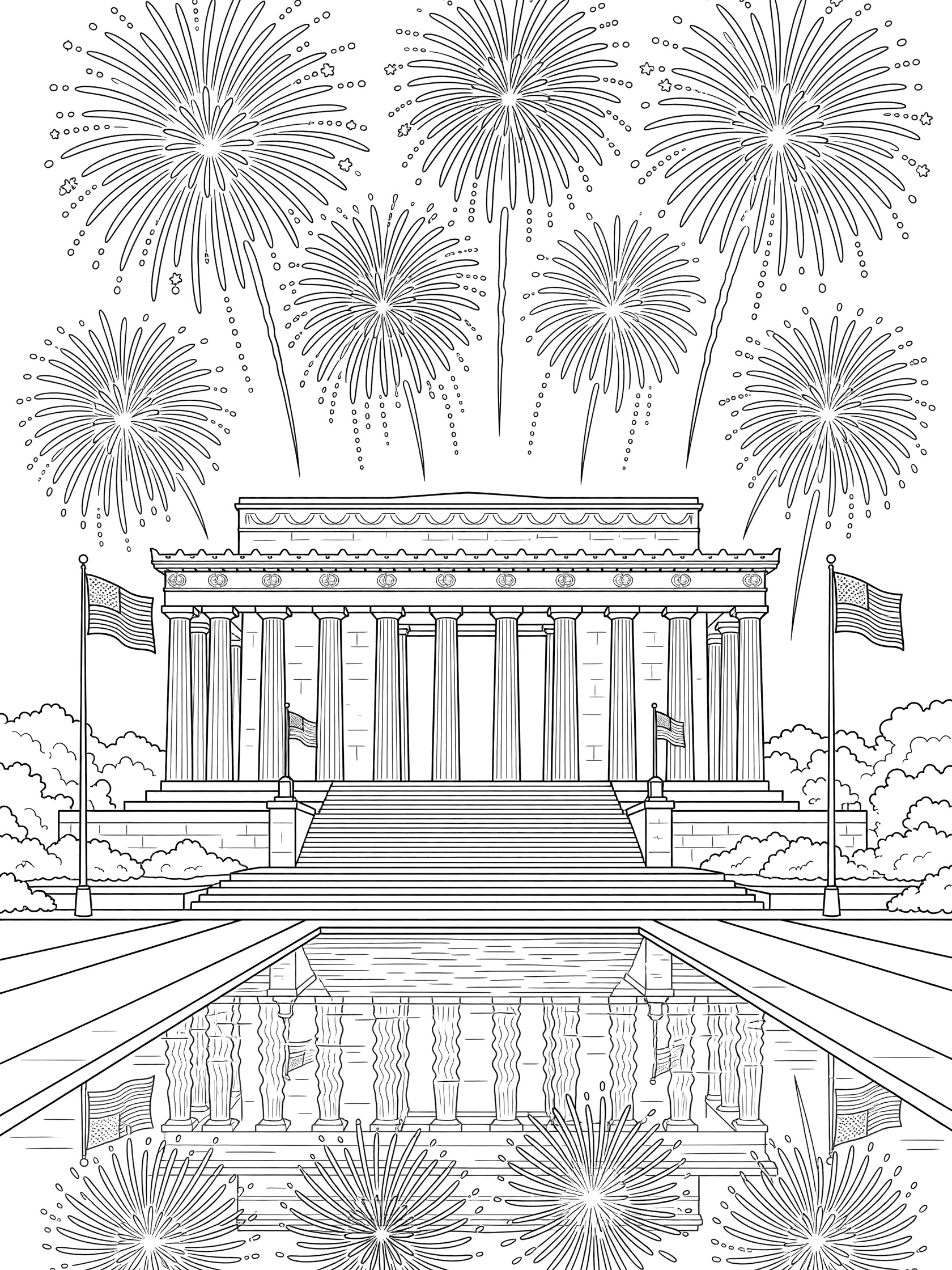 Black and white line art of the Lincoln Memorial with bursting fireworks above, reflecting pool below, and waving American flags on columns.