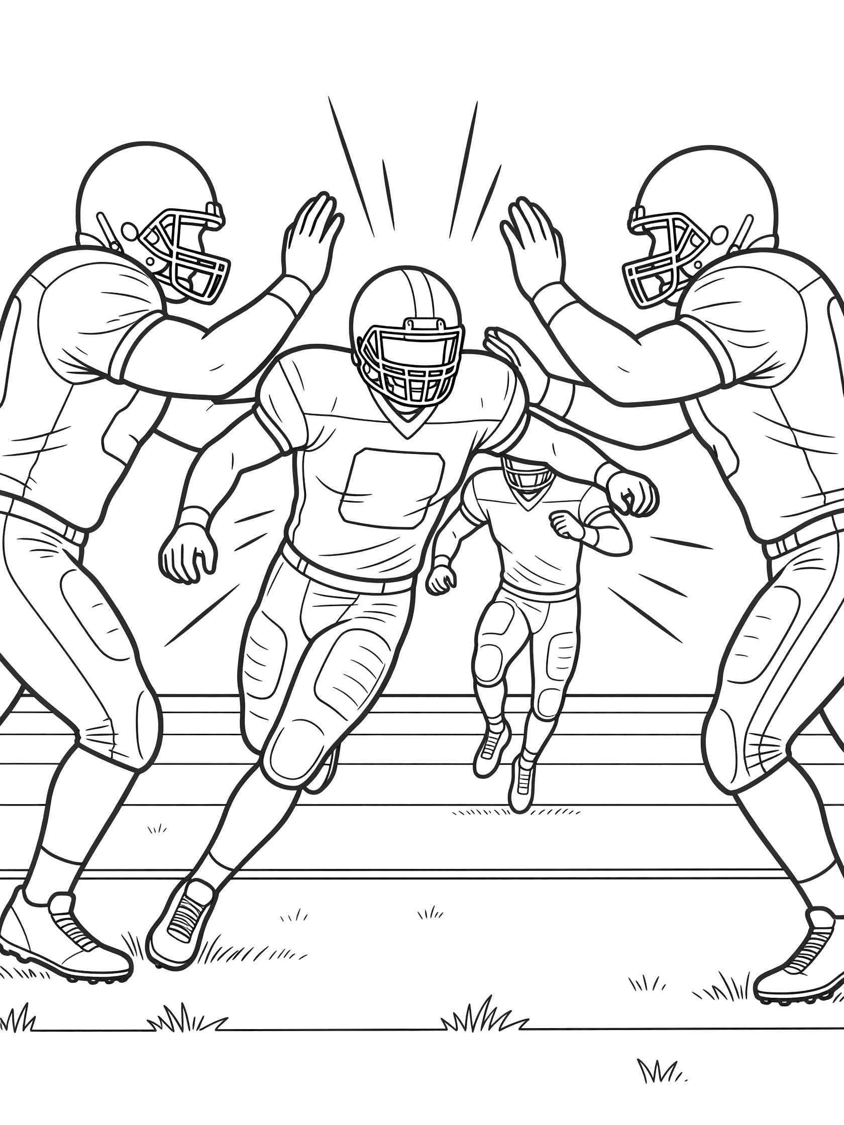 Linebacker in full uniform blitzing through narrow gap between two linemen toward scrambling quarterback on grassy football field with yard lines and action speed lines.