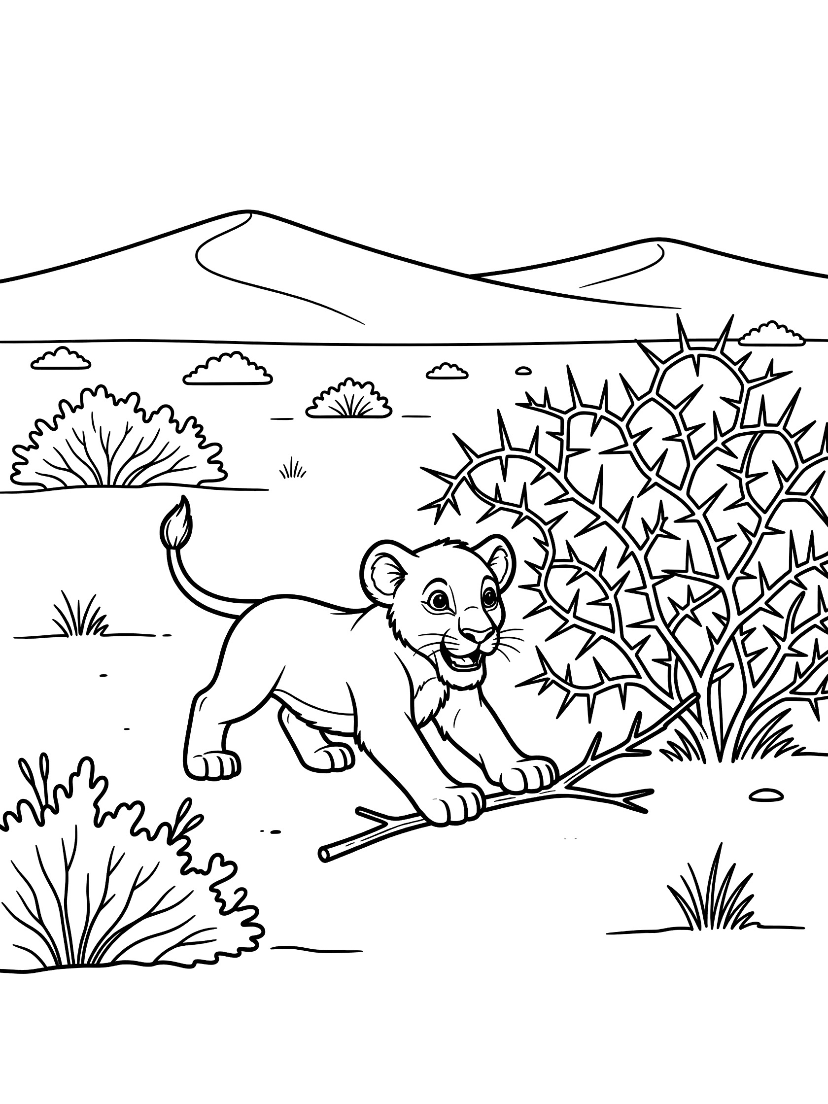 Black-and-white coloring page of a lion cub playing with a twig near a thorny bush in Kalahari Desert scrubland with gentle dunes.