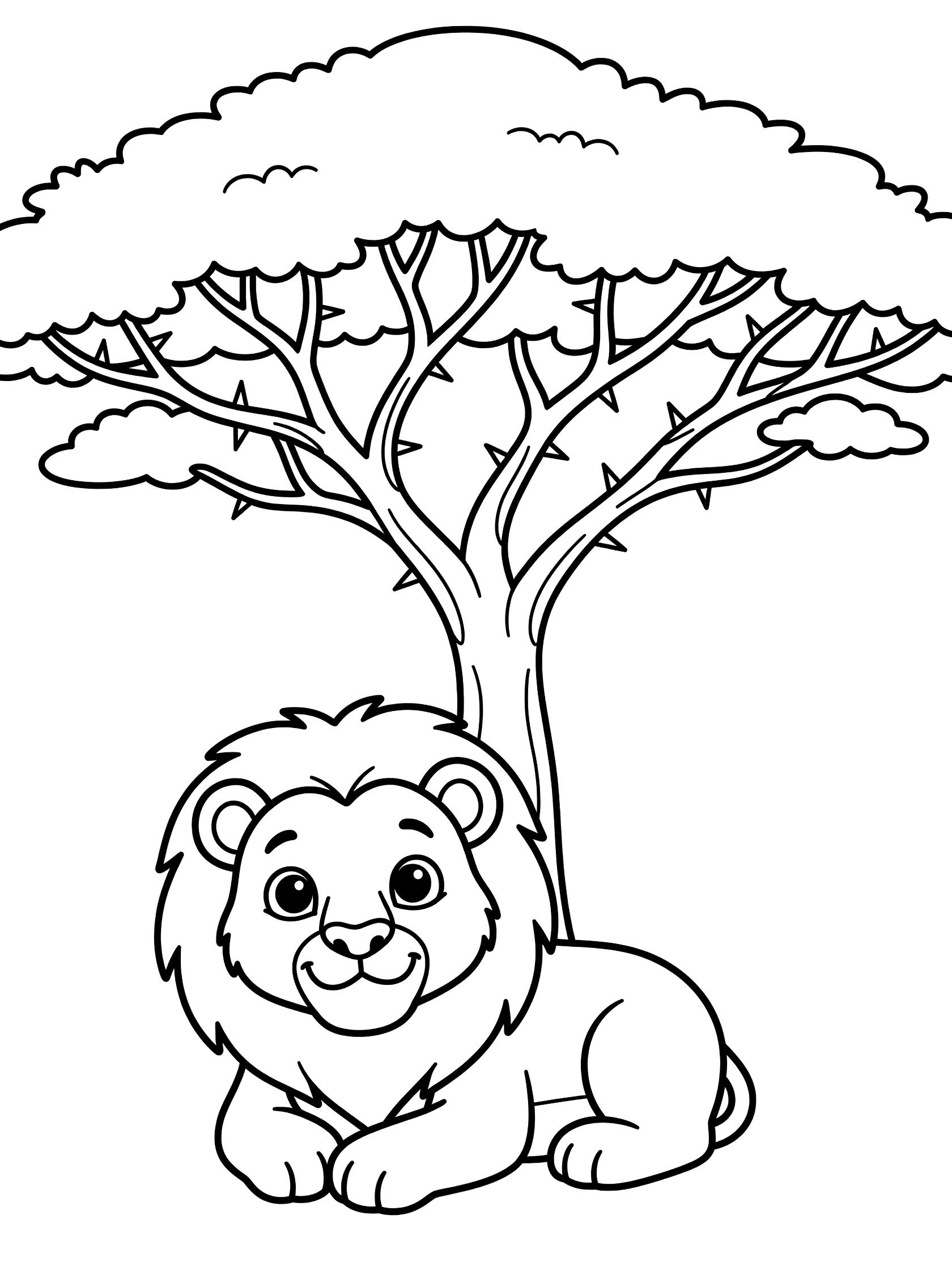 Black and white line art of a cute lion cub with big eyes resting under a large acacia tree with thorns and wide spreading branches.