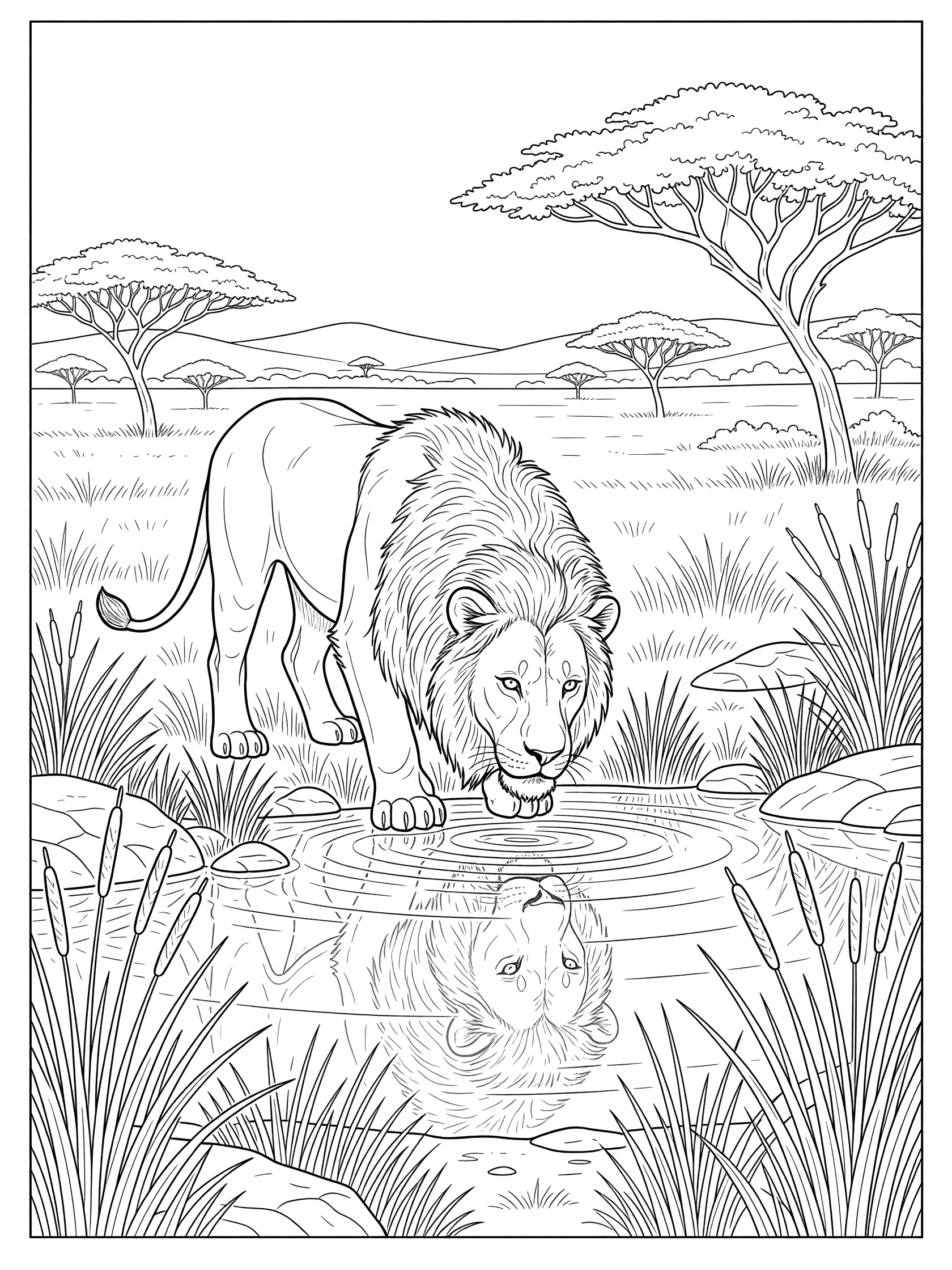 Black and white line art of a lion bending down to drink from a calm water hole with its reflection, surrounded by reeds, rocks, grass, and acacia trees in the wild.