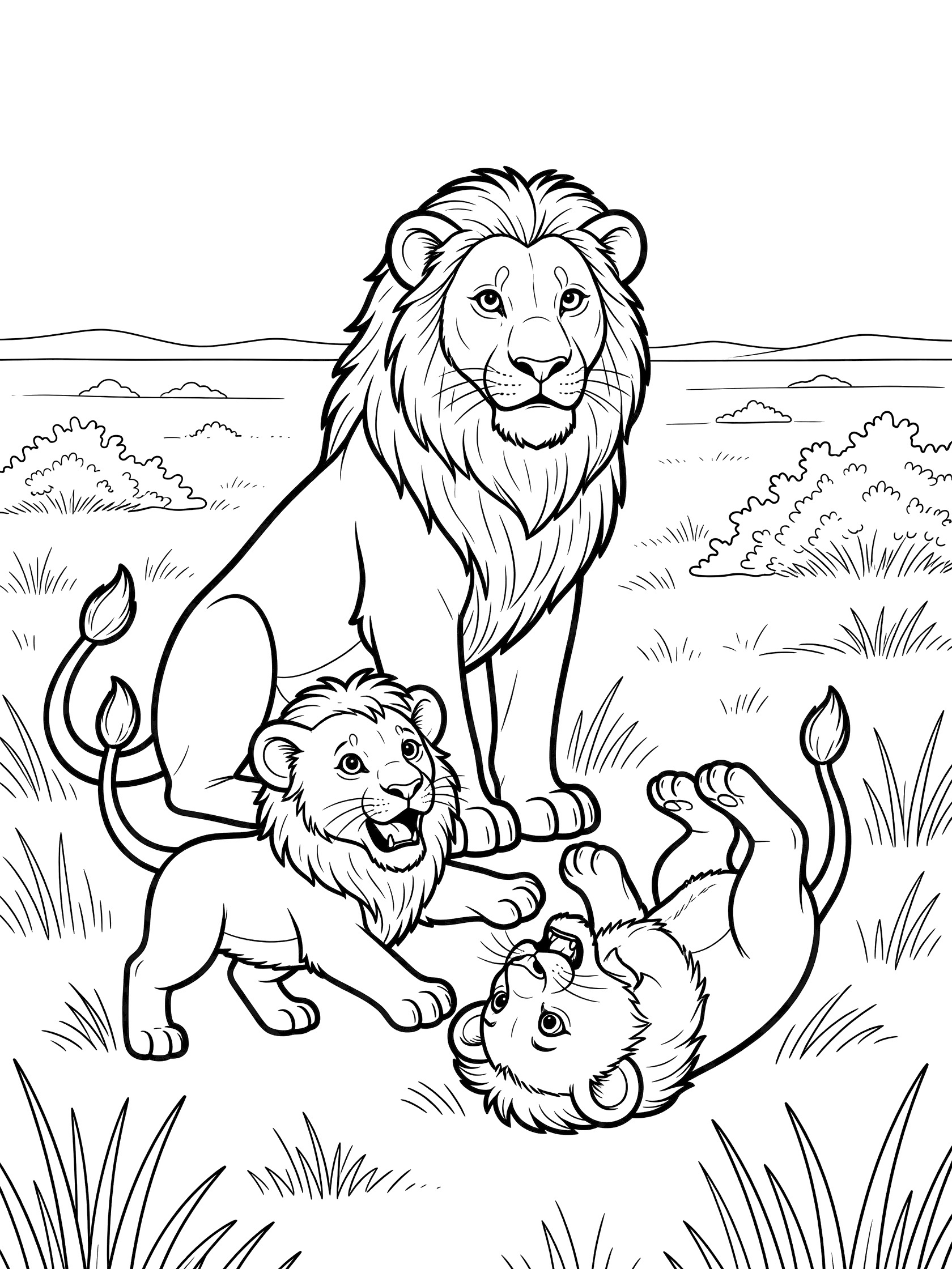 Black and white line art coloring page showing a mother lion sitting and watching two lion cubs tumbling and pouncing in grassy savanna.