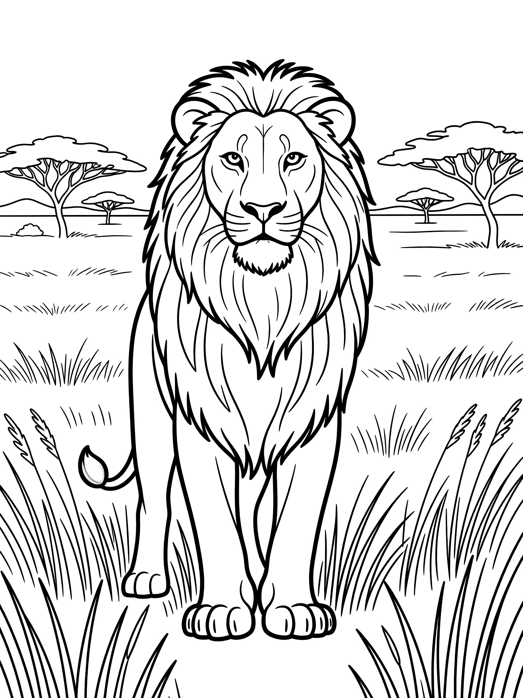 Black and white line art coloring page showing a proud lion with flowing mane standing in swaying savanna grass, acacia trees in the distance, clean outlines on white background.