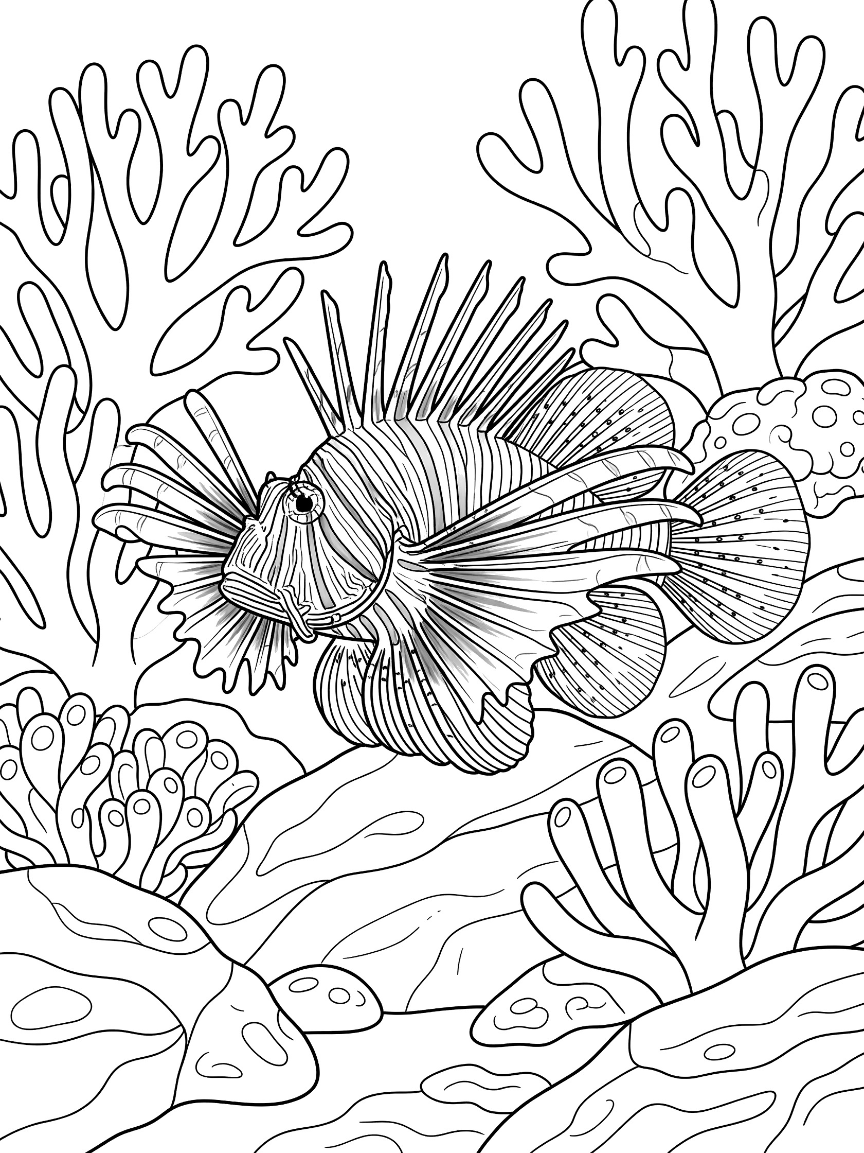 Black and white line art coloring page showing a detailed lionfish with long spines among branching corals and ocean rocks.