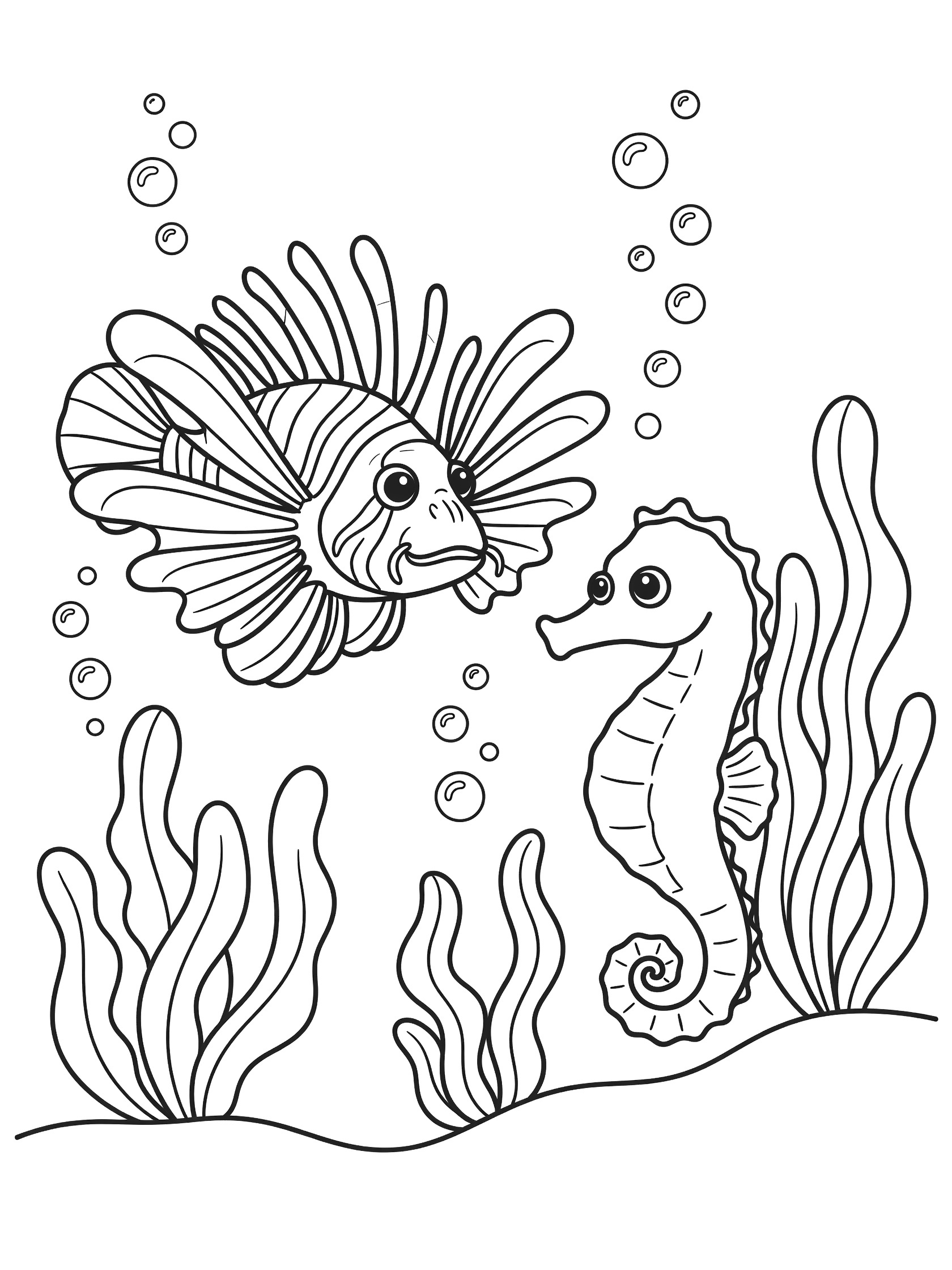 Black and white line art coloring page showing a lionfish with spiky fins and big eyes next to a curly-tailed seahorse, surrounded by bubbles and wavy seaweed on white background.