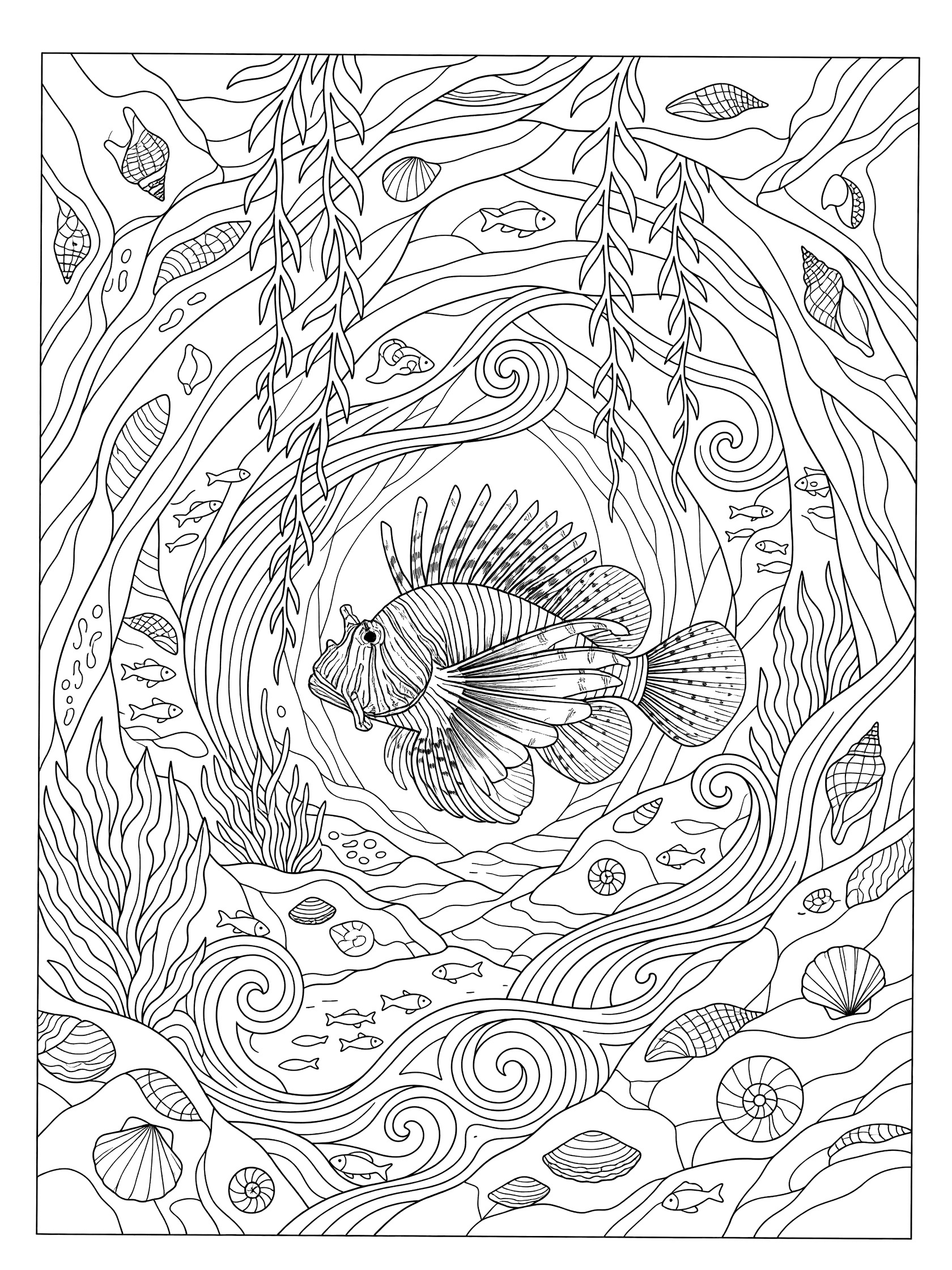 Black and white line art coloring page showing a detailed lionfish in an underwater cave surrounded by seaweed, shells, small fish, and swirling currents.