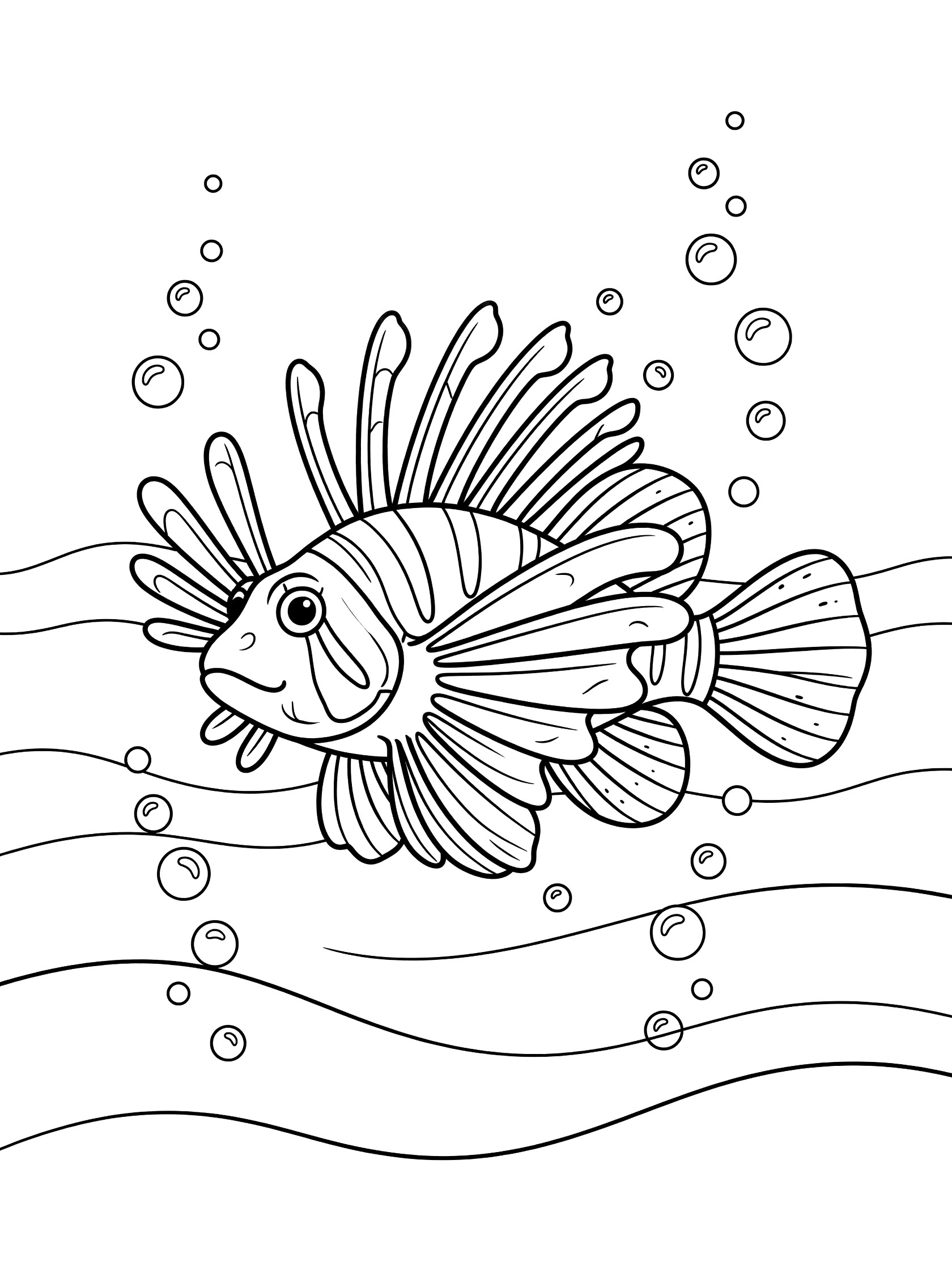 Black and white line art coloring page showing a cute lionfish with spiny fins, bubbles rising around it, and simple wavy ocean lines.