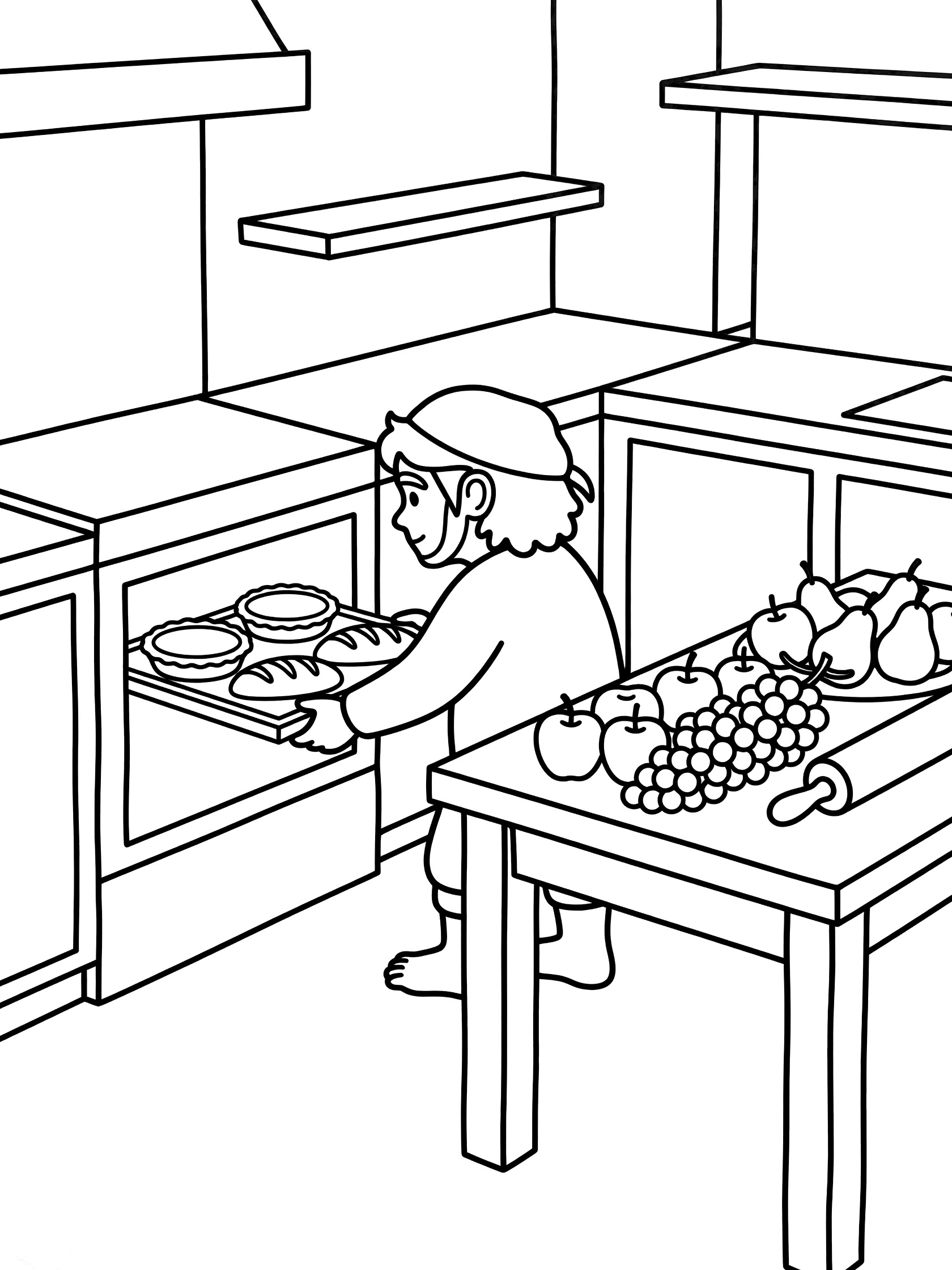 Black and white line art coloring page of a short baker in a kitchen pulling pies on a tray from an open oven, with fruits and breads on a table. Hobbits themed black and white printable line art