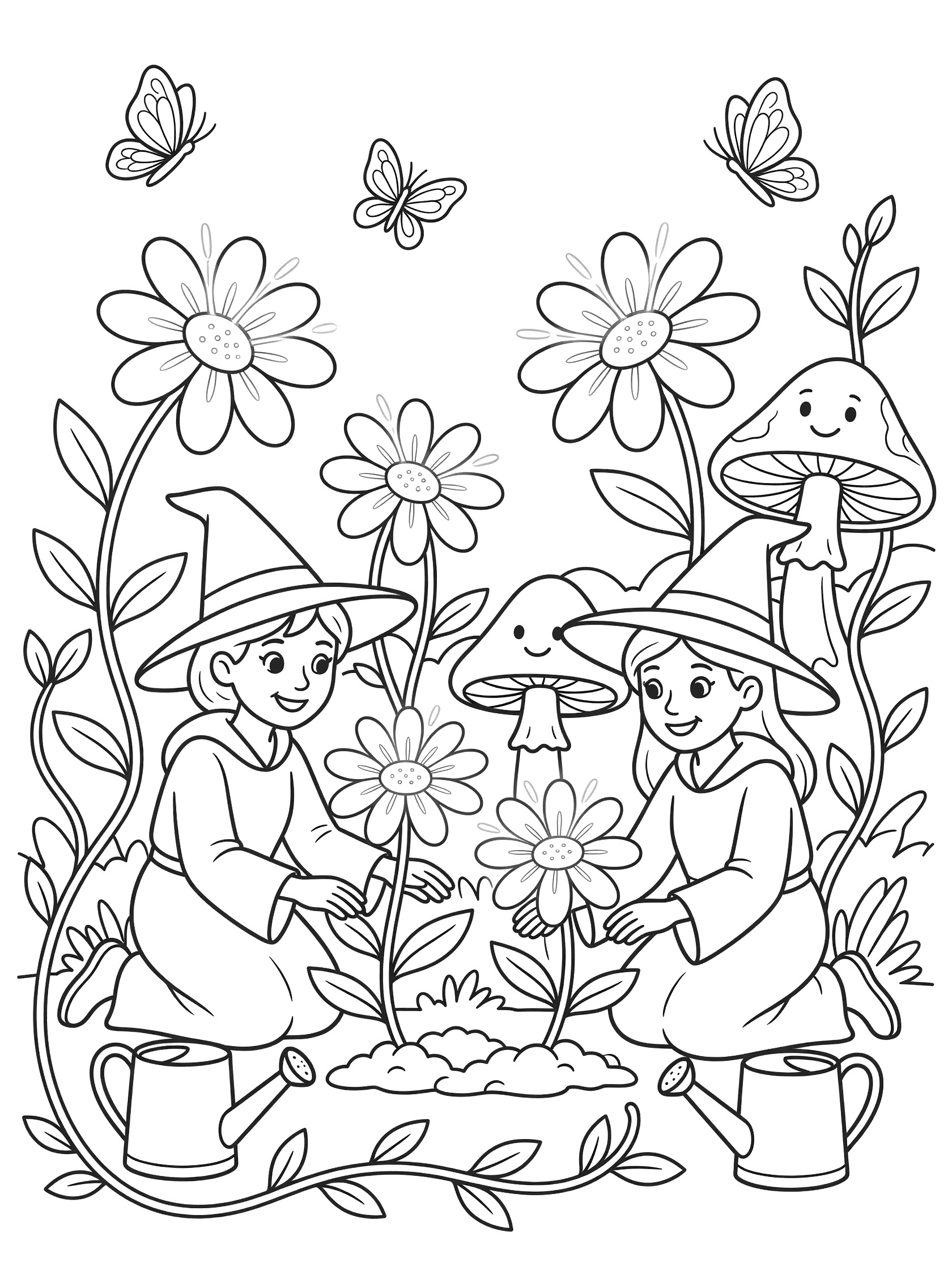 Black and white line art coloring page showing two little wizards in robes and hats planting smiling flowers and mushrooms in a garden with vines, butterflies, and watering cans. Friendly Witches themed black and white printable line art