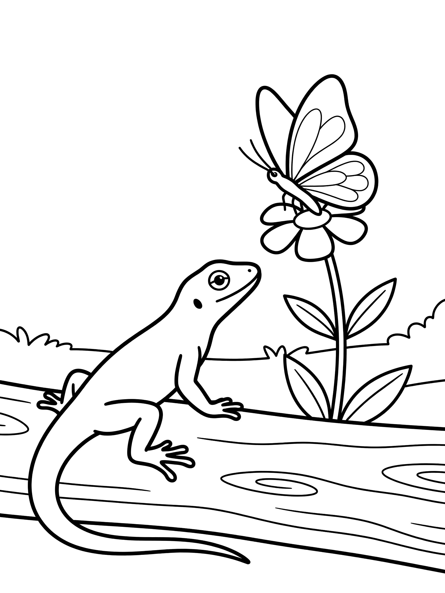 Black and white line art coloring page showing a lizard perched on a log eyeing a butterfly sitting on a flower stem with leaves.
