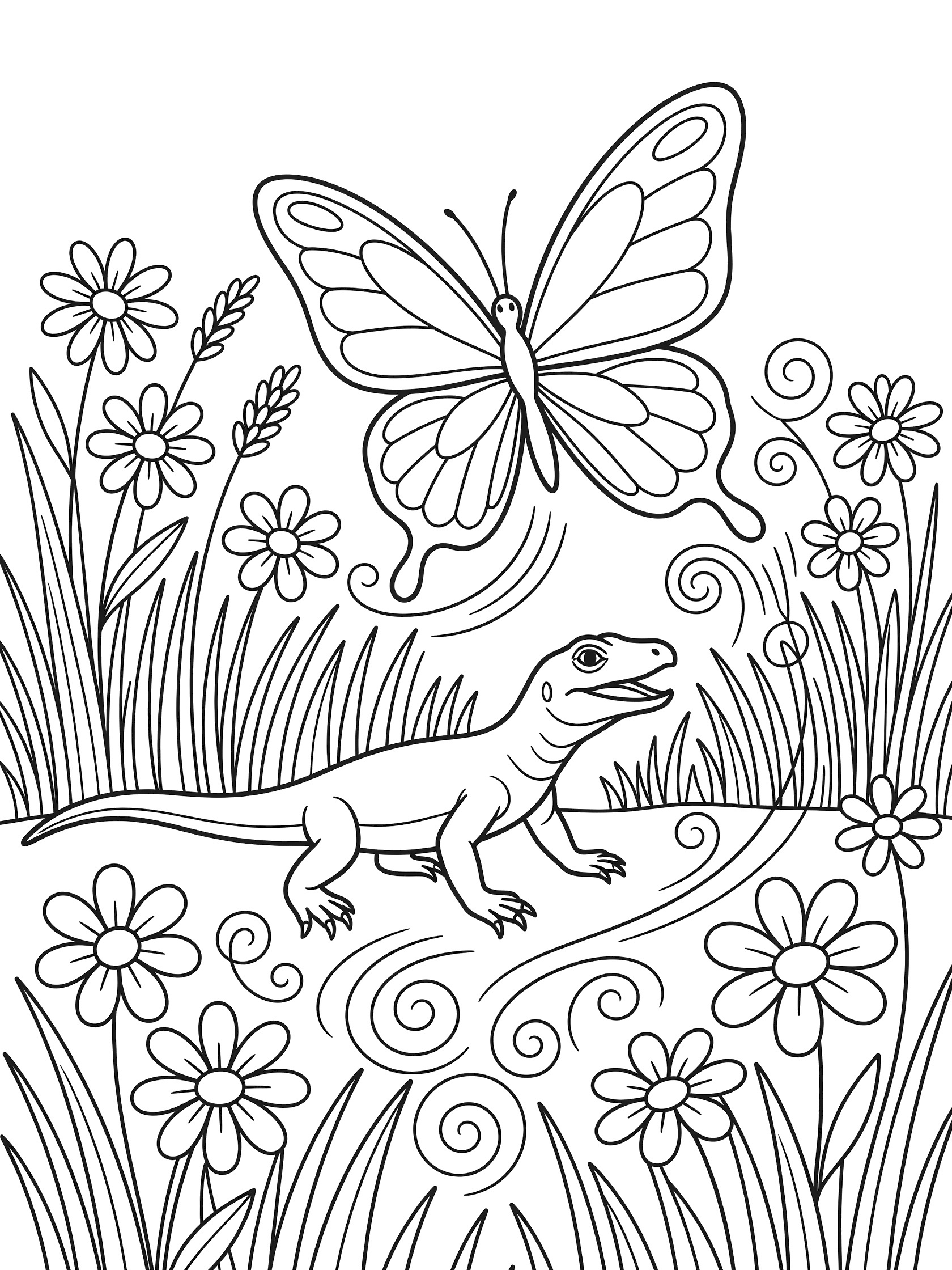 Black and white line art coloring page showing a lizard chasing a large butterfly through tall grass, swirling lines, and flowers. Monitor Lizard themed black and white printable line art