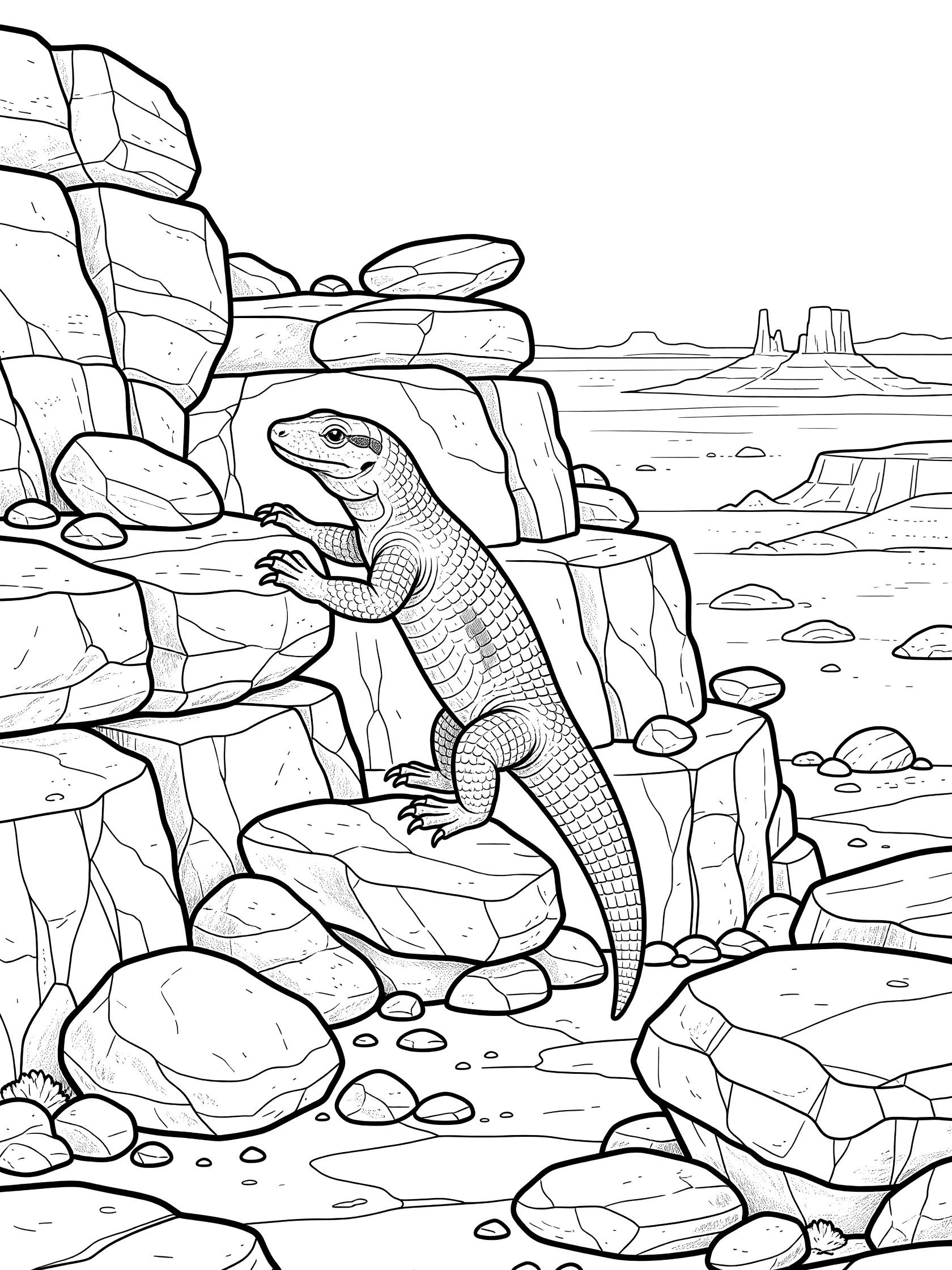 Black and white line art coloring page showing a lizard climbing a stack of rocks with desert horizon and distant mountains. Gila Monster themed black and white printable line art