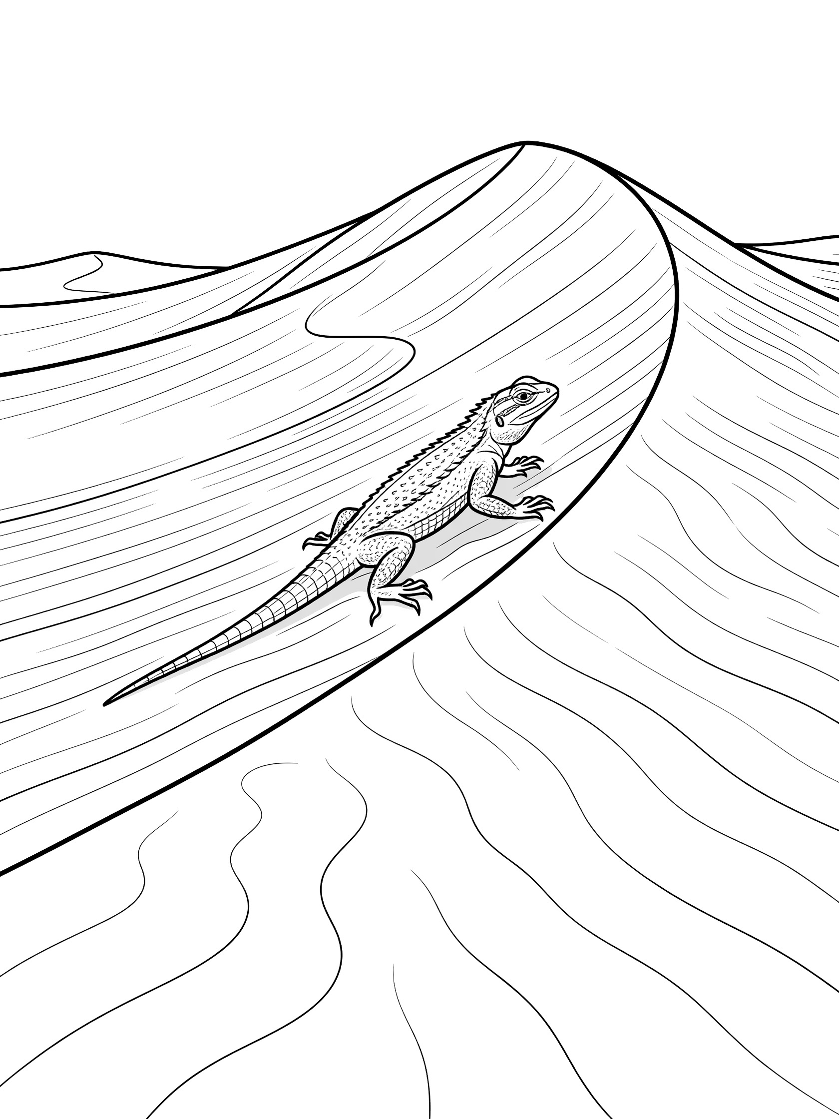 Black and white coloring page showing a spiny lizard gripping and climbing the steep rippled side of a crescent-shaped sand dune in the Sahara Desert