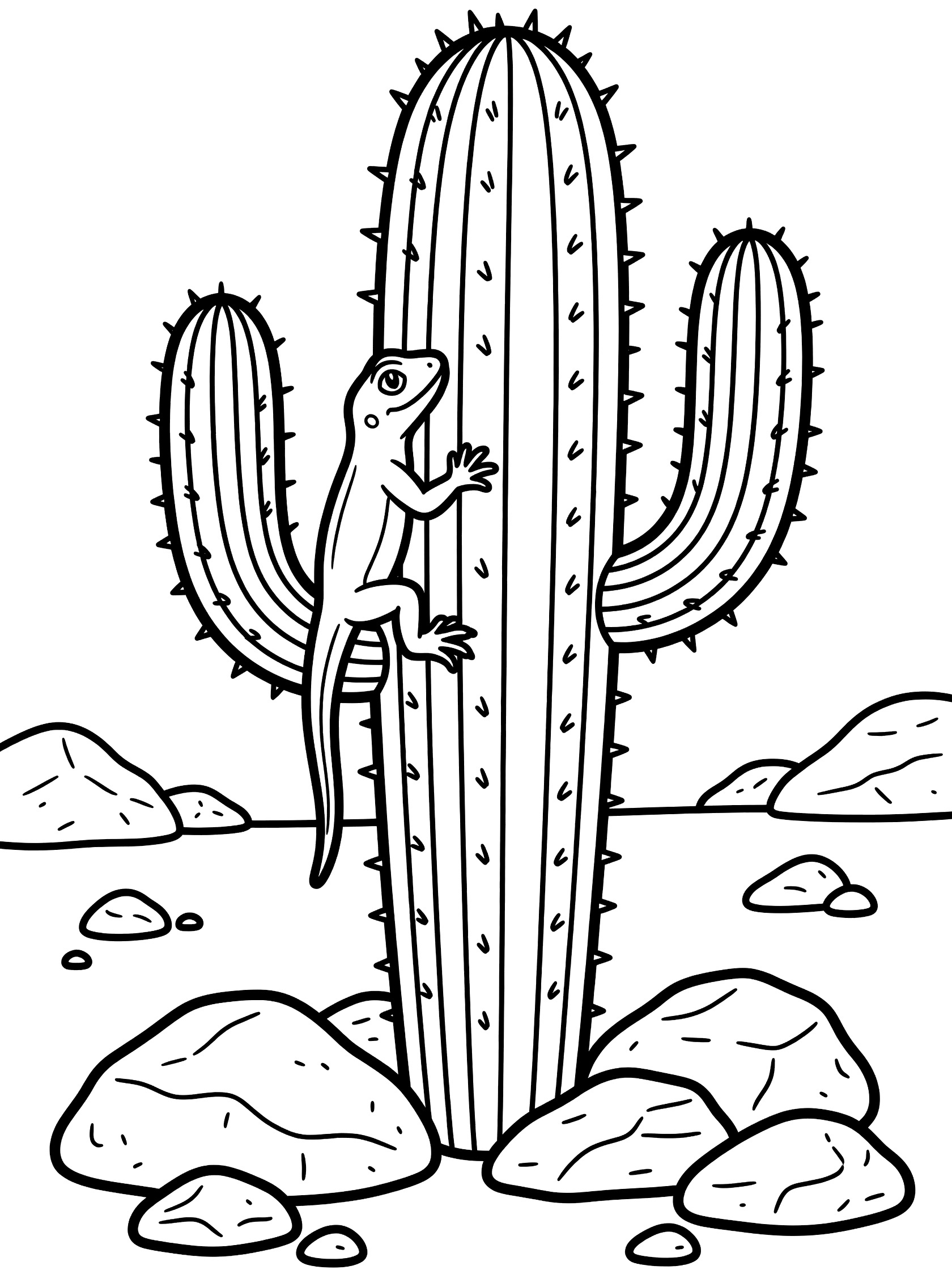 Line art coloring page showing a curious lizard scaling a tall columnar cactus with detailed ribs and spines amid desert rocks