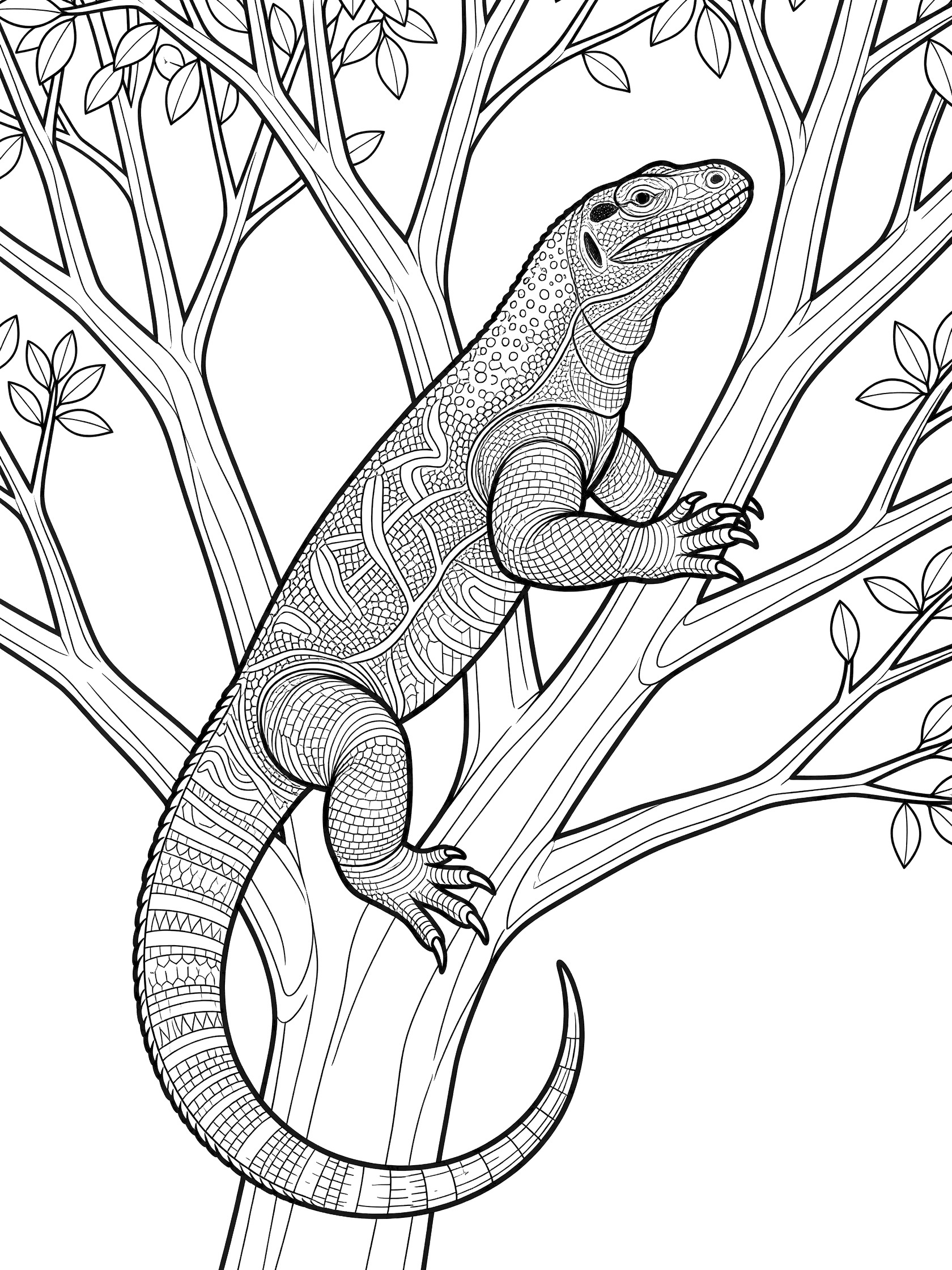 Black and white line art coloring page showing a detailed lizard with patterned scales climbing a tree with geometric leaves and thick branches. Komodo Dragon themed black and white printable line art